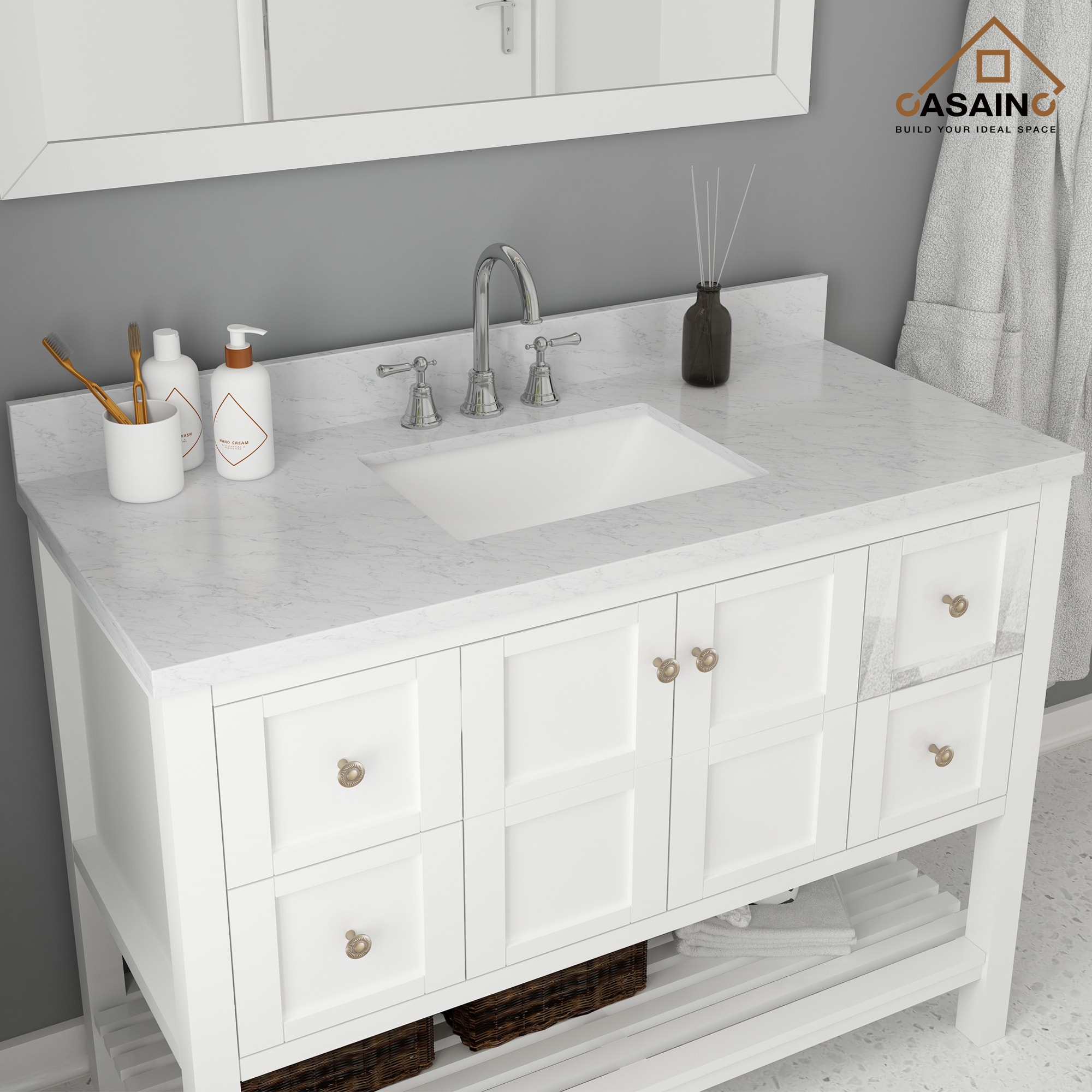 Tapa de tocador de baño de mármol blanco Carrara natural bajo encimera de 49 pulgadas x 22 pulgadas con un solo lavabo y 3 orificios - CASAINC MTL-50921988
