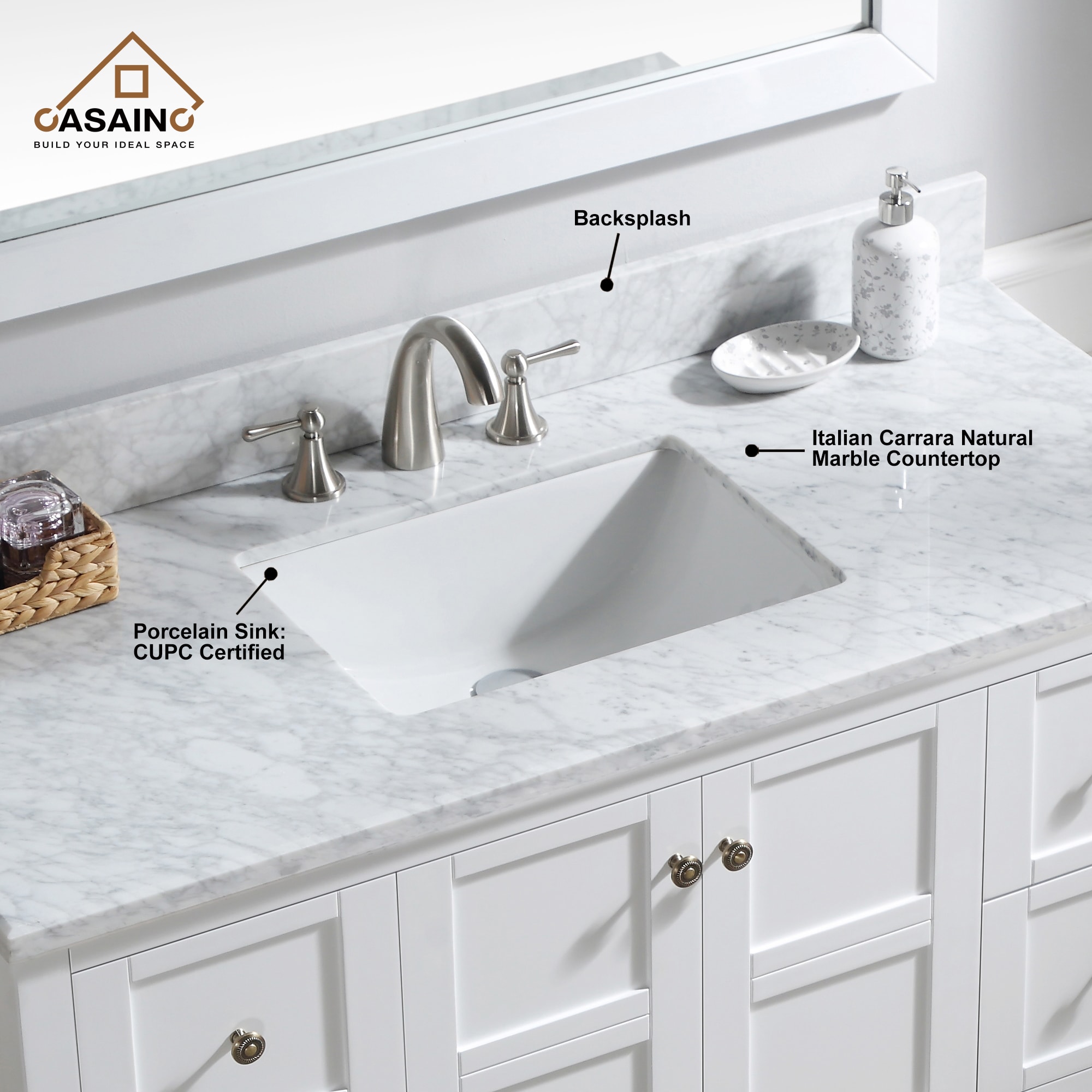 Tapa de tocador de baño de mármol blanco Carrara natural bajo encimera de 49 pulgadas x 22 pulgadas con un solo lavabo y 3 orificios - CASAINC MTL-50921988
