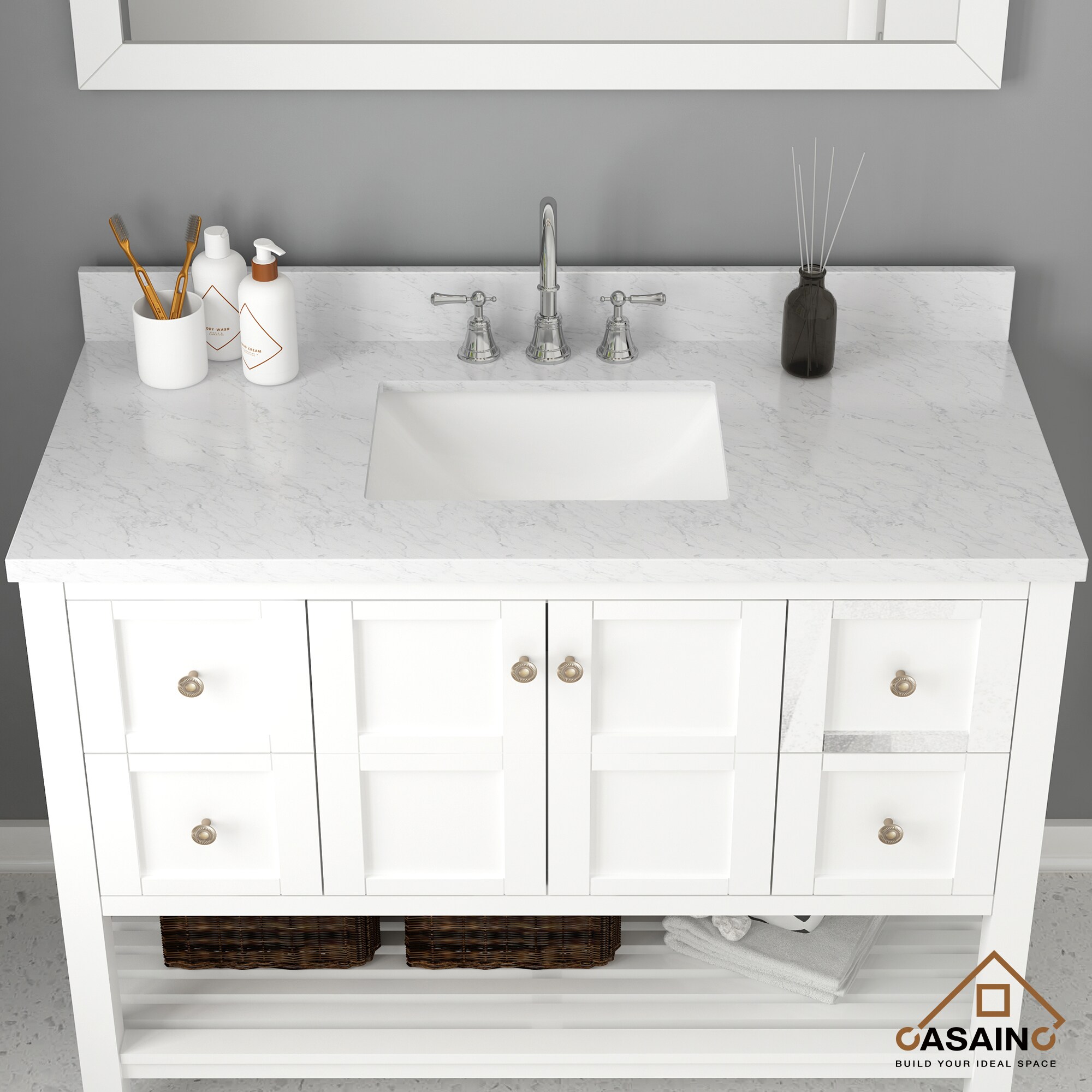 Tapa de tocador de baño de mármol blanco Carrara natural bajo encimera de 49 pulgadas x 22 pulgadas con un solo lavabo y 3 orificios - CASAINC MTL-50921988