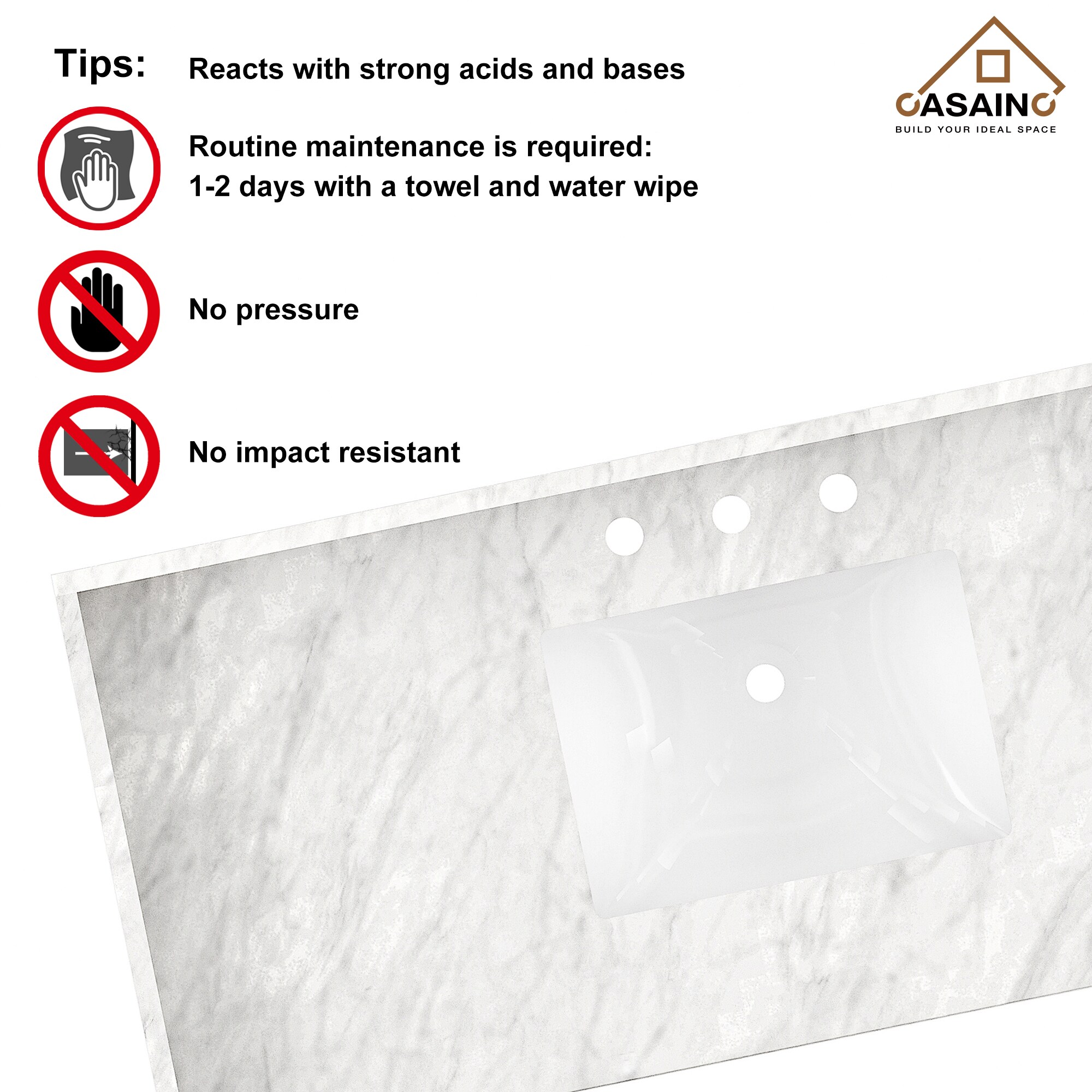 Tapa de tocador de baño de mármol blanco Carrara natural bajo encimera de 49 pulgadas x 22 pulgadas con un solo lavabo y 3 orificios - CASAINC MTL-50921988