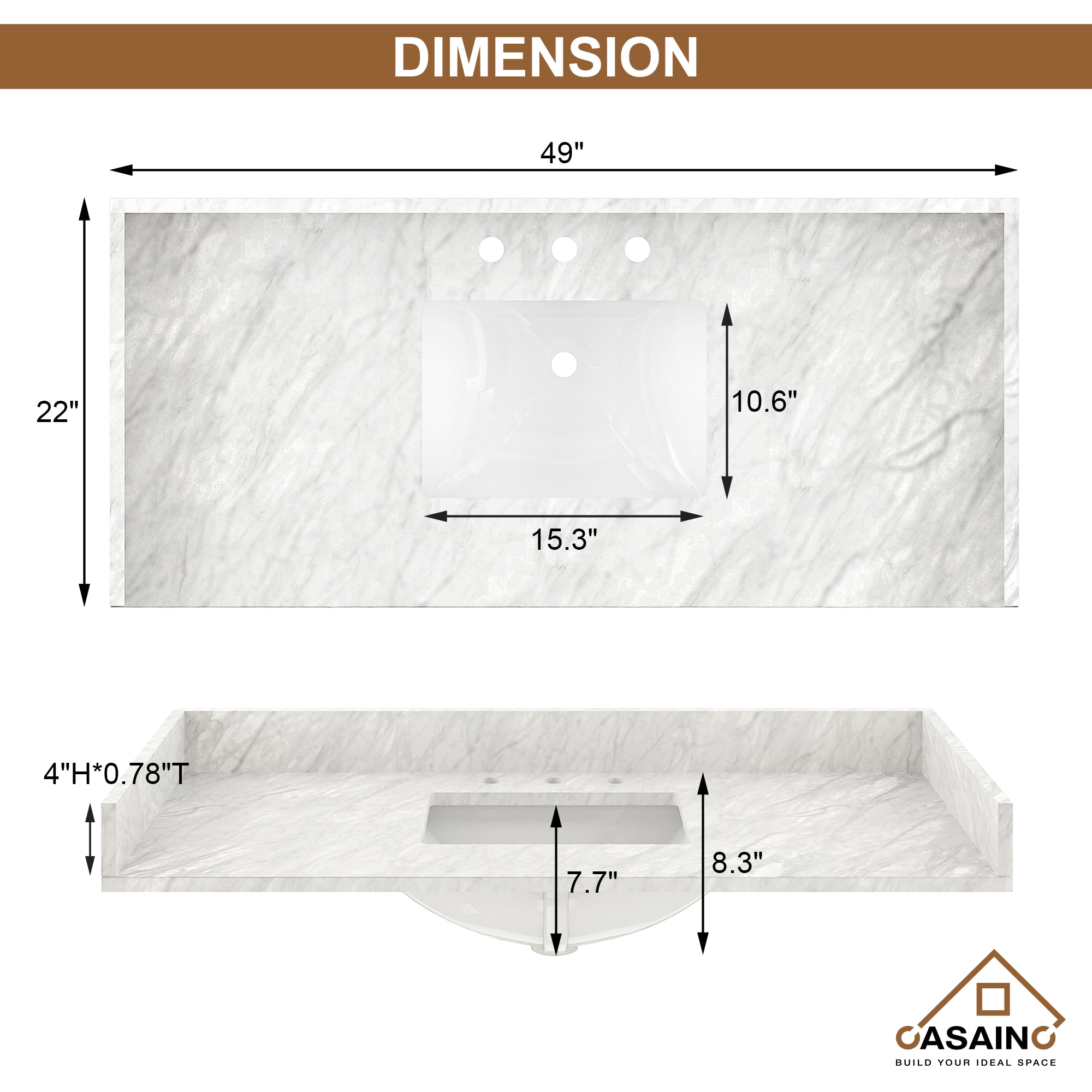 Tapa de tocador de baño de mármol blanco Carrara natural bajo encimera de 49 pulgadas x 22 pulgadas con un solo lavabo y 3 orificios - CASAINC MTL-50921988