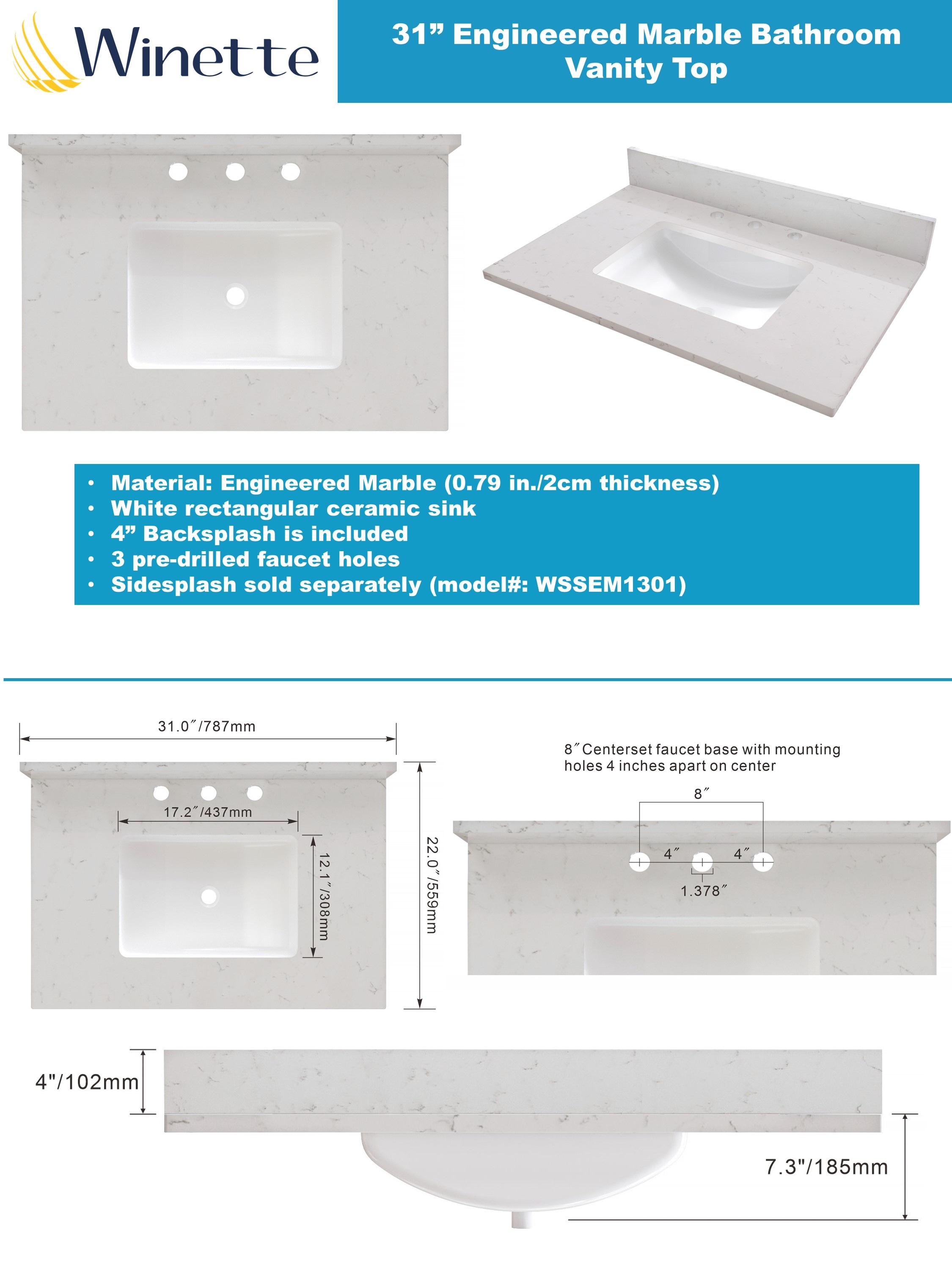 Cubierta de tocador para baño de 31 pulgadas x 22 pulgadas en Blanco Carrara con fregadero bajo encimera de 3 orificios Winette WVTLW31.