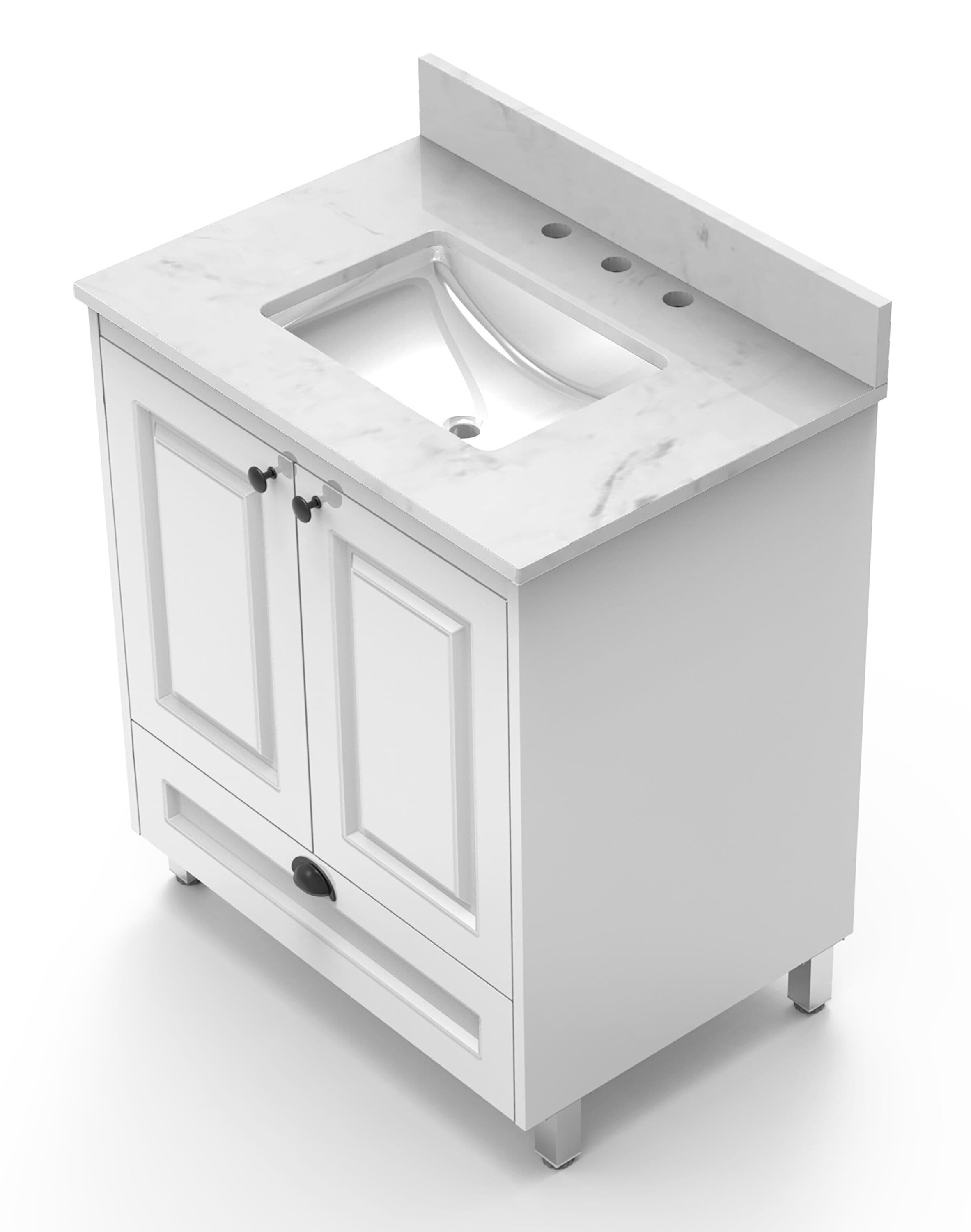 Cubierta de tocador para baño de 31 pulgadas x 22 pulgadas en Blanco Carrara con fregadero bajo encimera de 3 orificios Winette WVTLW31.