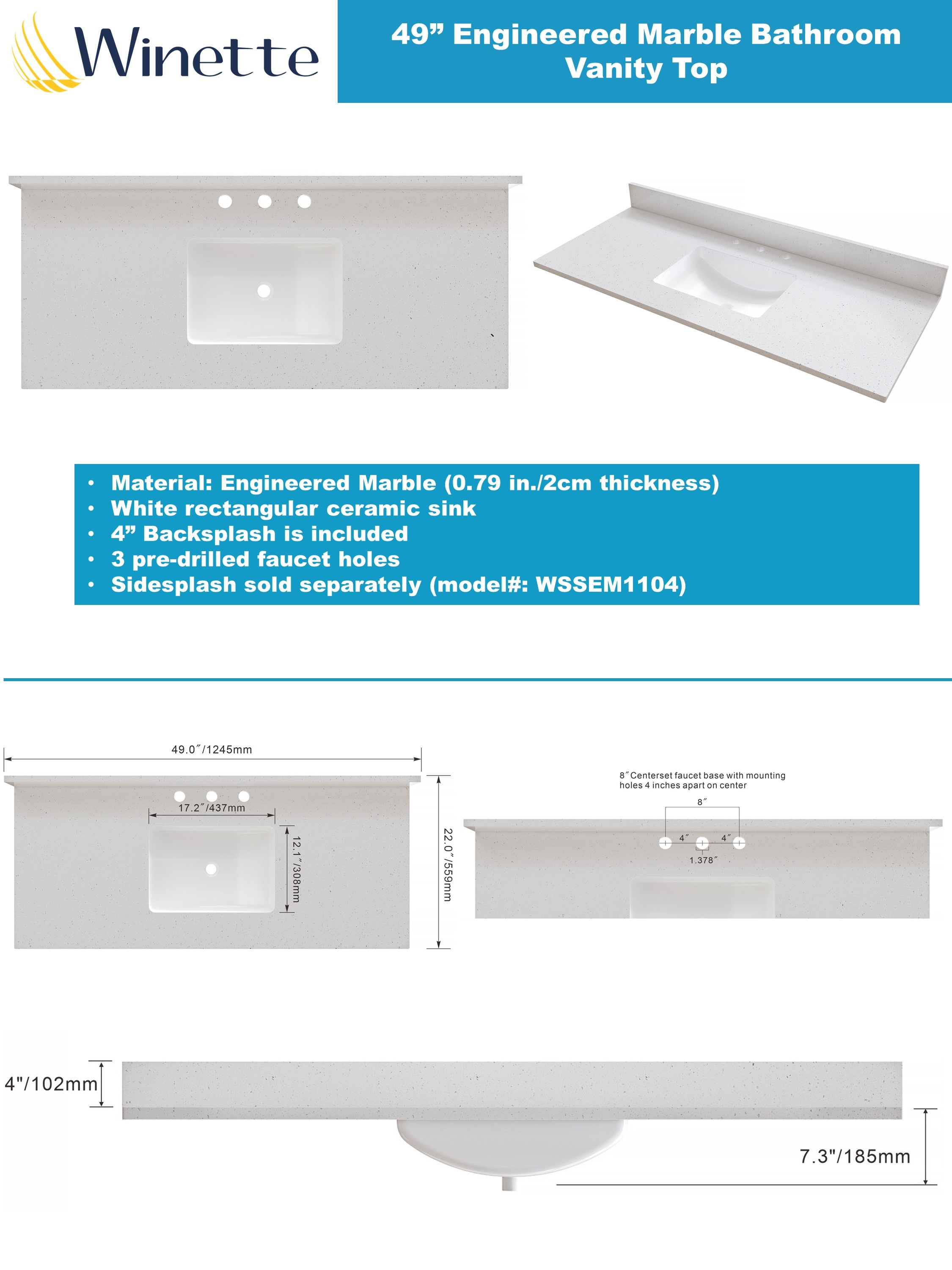 Tapa de tocador de baño Winette en color blanco pimienta, para lavabo individual bajo cubierta de 49 pulgadas x 22 pulgadas con 3 orificios.
