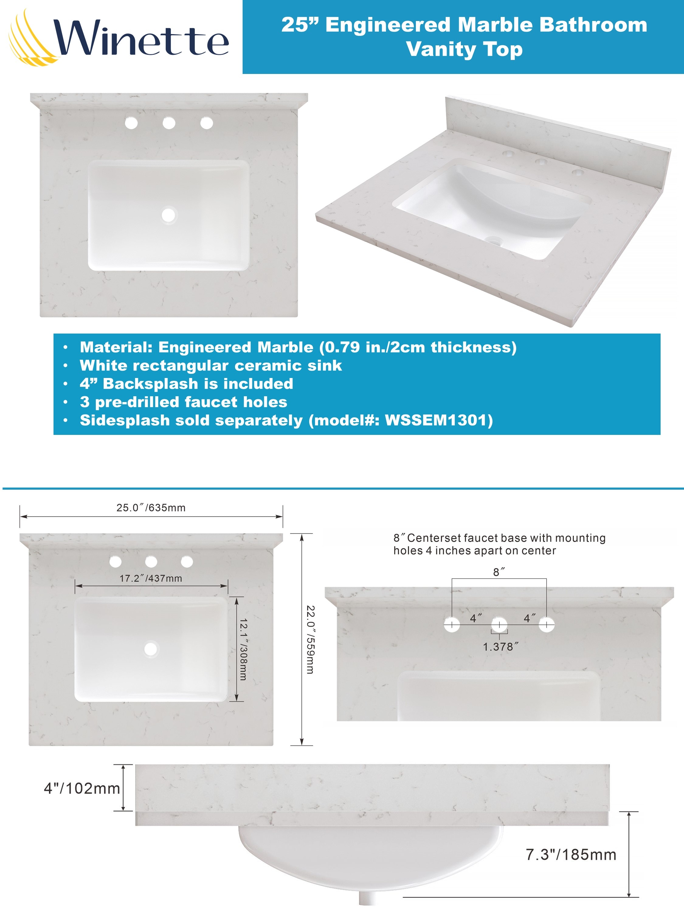 Encimera de baño con lavabo submontado de 3 orificios en blanco Carrara de 25 pulgadas x 22 pulgadas Winette