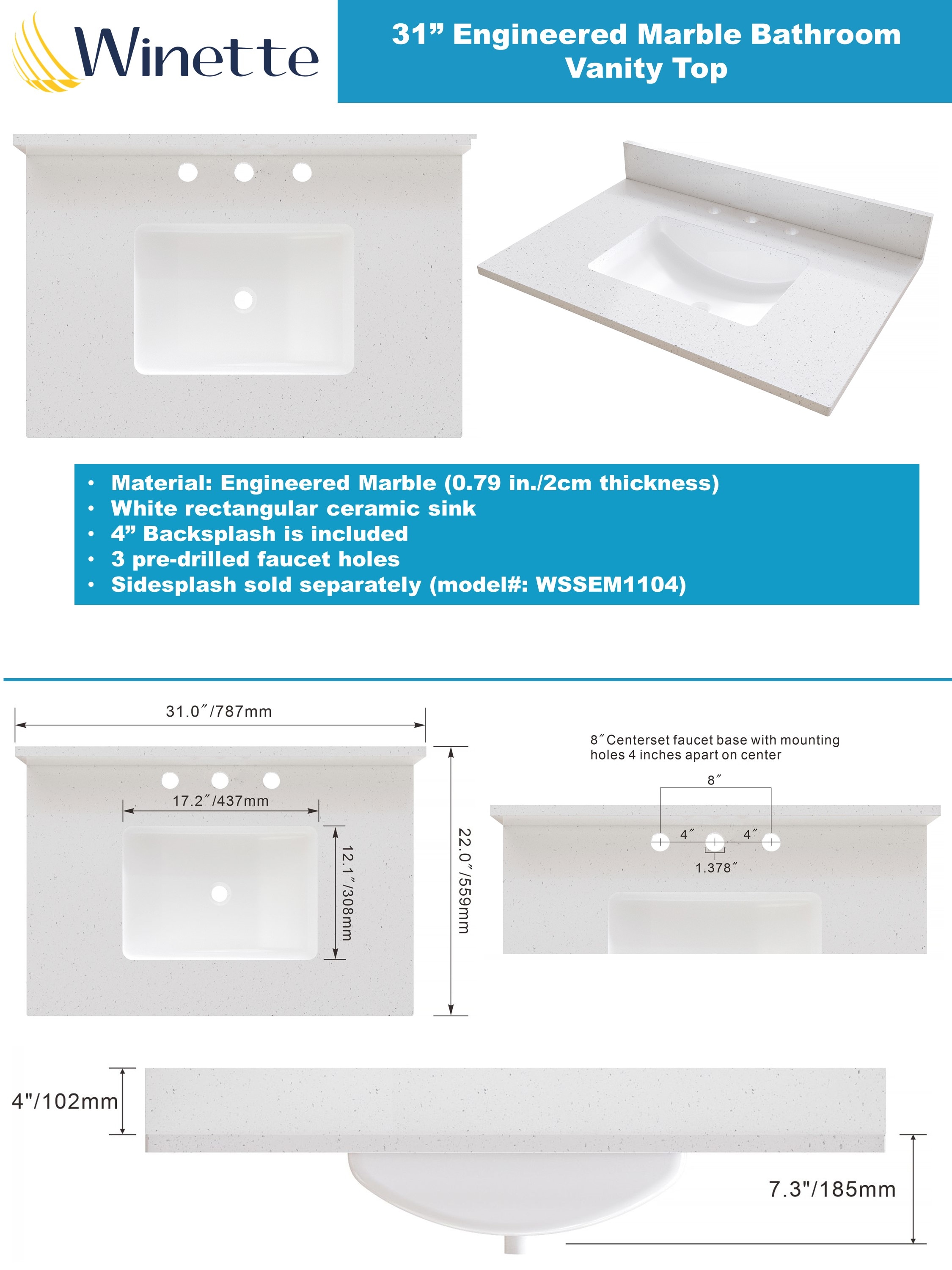 Tope de tocador de baño encastrado de 31 pulgadas x 22 pulgadas color blanco pimienta con un solo lavabo y 3 orificios - Winette