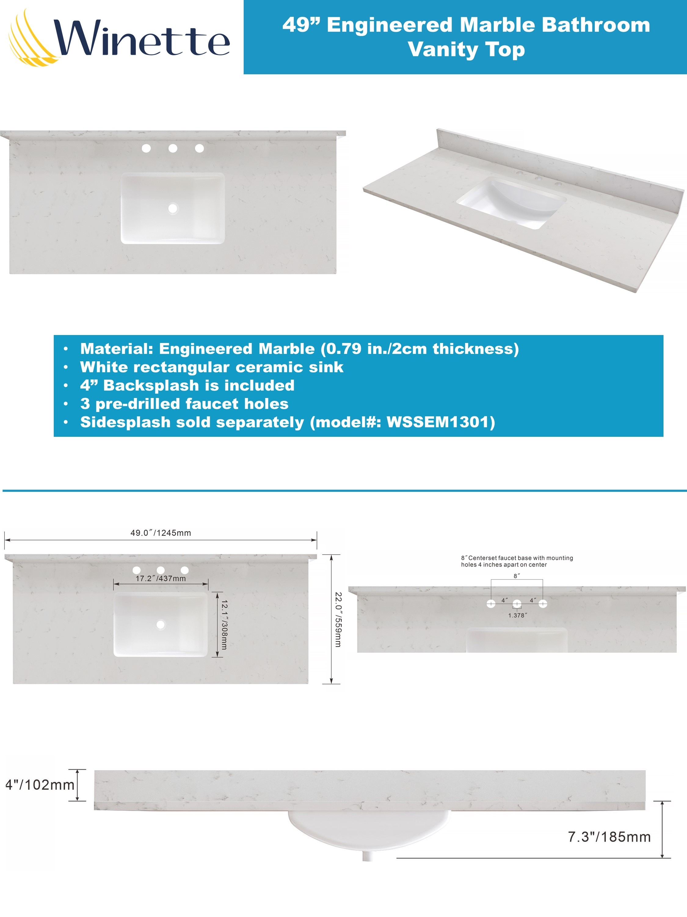 Tapa de tocador de baño de mármol blanco Carrara con lavabo individual bajo encimera de 49 pulgadas x 22 pulgadas con 3 agujeros