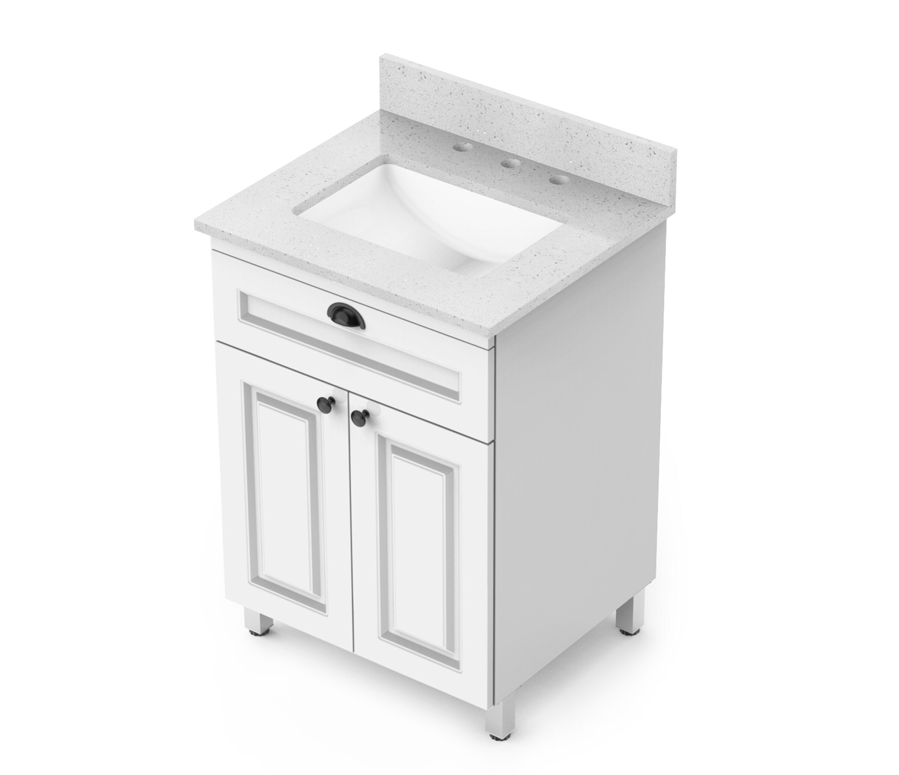 Cubierta de tocador para baño de 25 pulgadas x 22 pulgadas en color blanco pimienta para lavabo individual empotrable Winette con 3 hoyos.