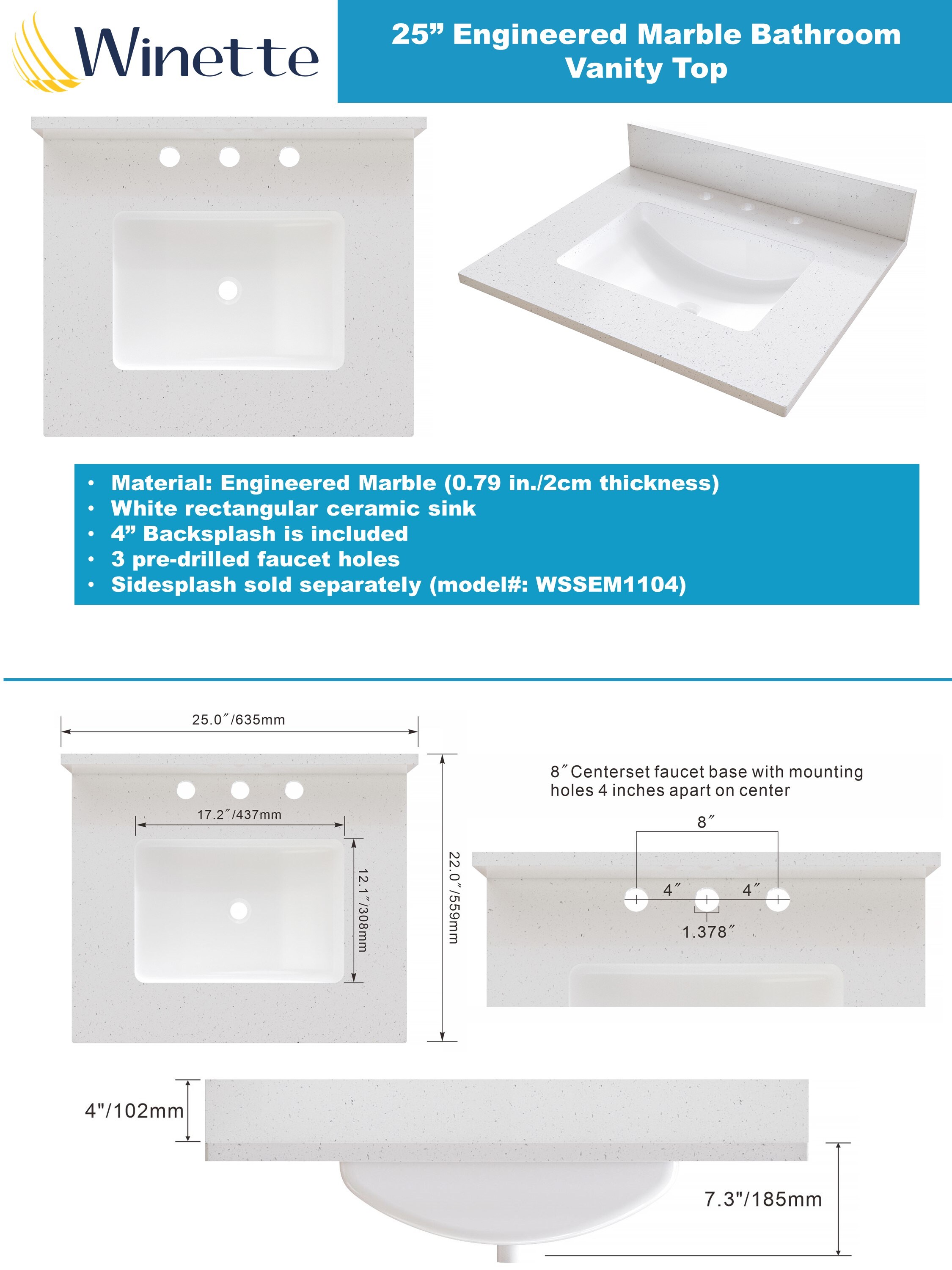 Cubierta de tocador para baño de 25 pulgadas x 22 pulgadas en color blanco pimienta para lavabo individual empotrable Winette con 3 hoyos.