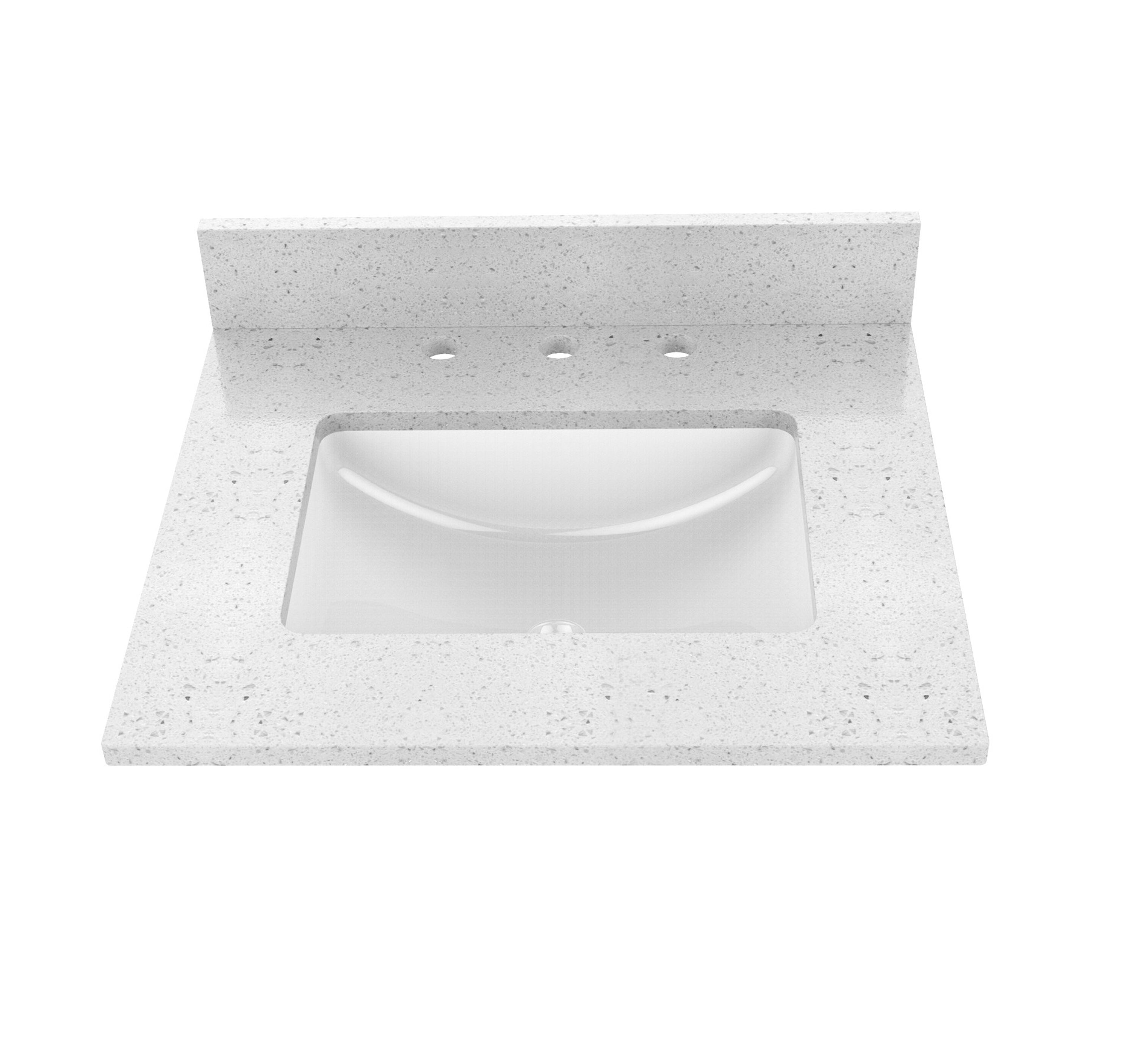 Cubierta de tocador para baño de 25 pulgadas x 22 pulgadas en color blanco pimienta para lavabo individual empotrable Winette con 3 hoyos.