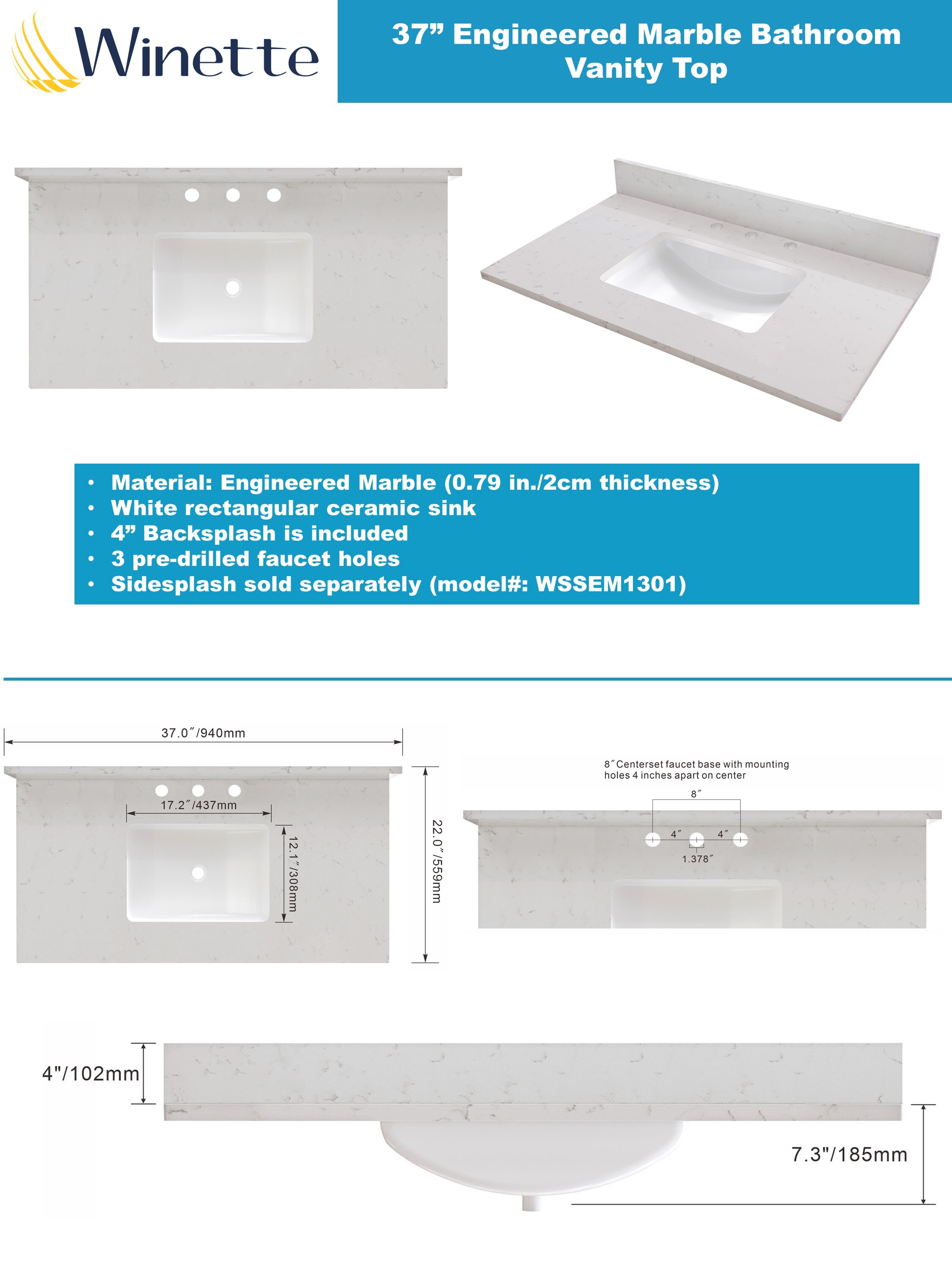 Tapa de tocador de baño de mármol blanco Carrara de 37 pulgadas x 22 pulgadas con fregadero individual bajoencimera de 3 orificios Winette LVTLW37