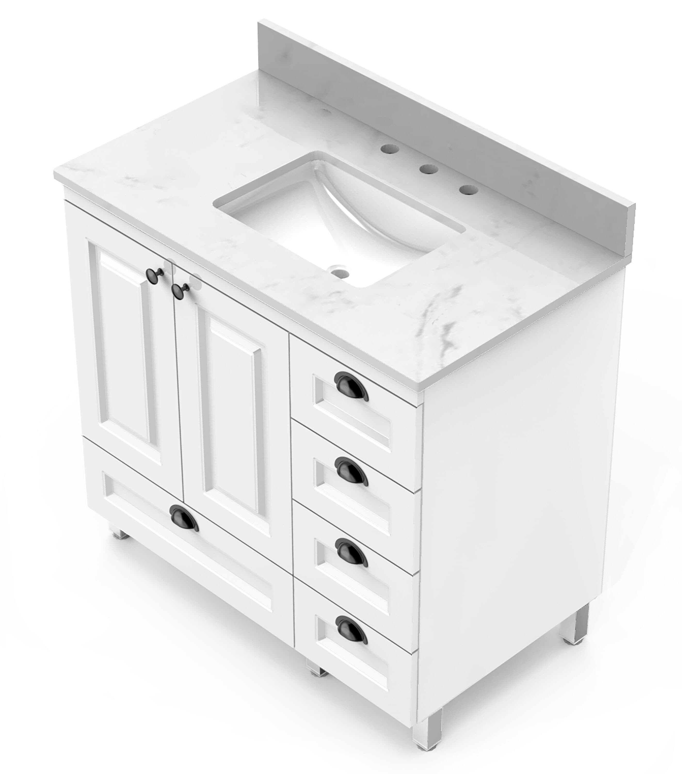 Tapa de tocador de baño de mármol blanco Carrara de 37 pulgadas x 22 pulgadas con fregadero individual bajoencimera de 3 orificios Winette LVTLW37