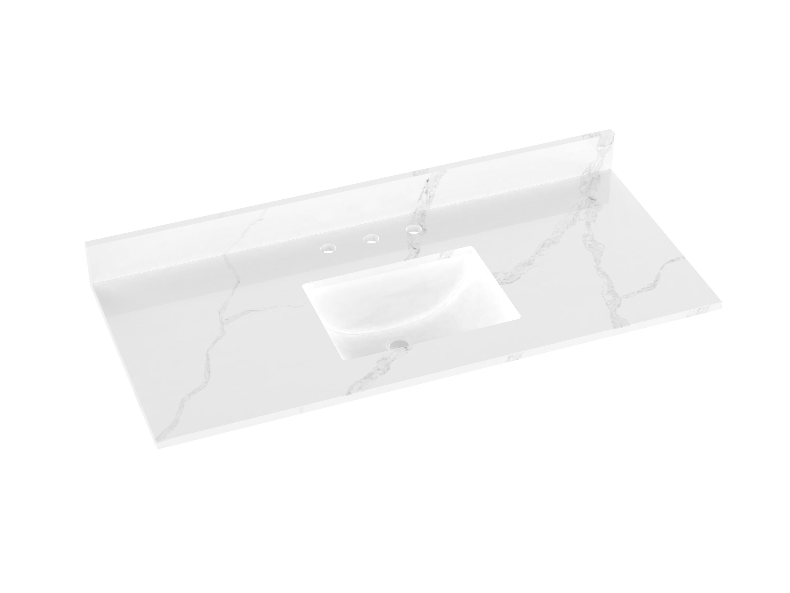 Cubierta de tocador de baño de cuarzo blanco Calacatta de 49 pulgadas x 22 pulgadas con lavabo individual empotrado y 3 orificios de drenaje de Winette WVTQ1504-49.