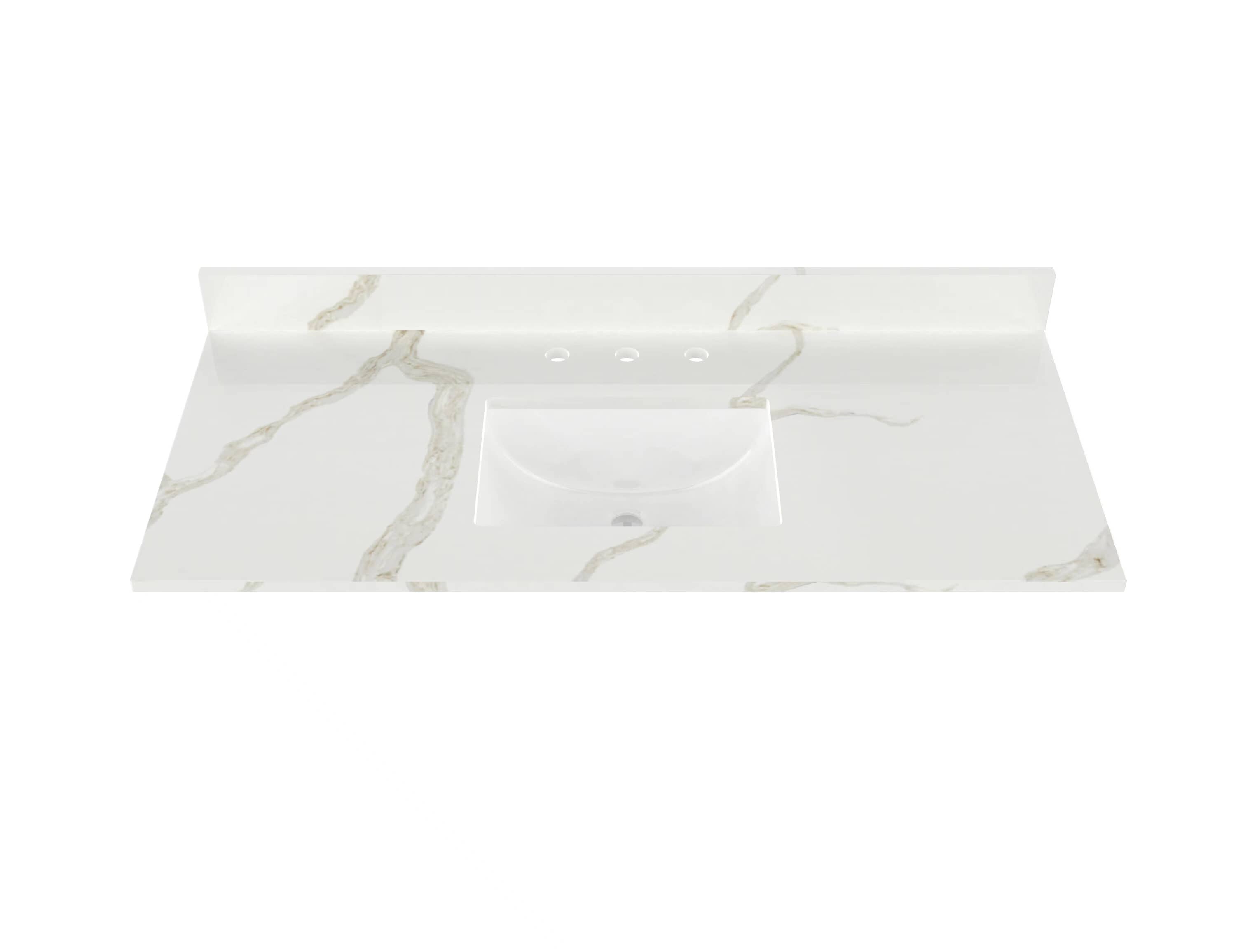 Cubierta de tocador de baño de cuarzo blanco Calacatta de 49 pulgadas x 22 pulgadas con lavabo individual empotrado y 3 orificios de drenaje de Winette WVTQ1504-49.