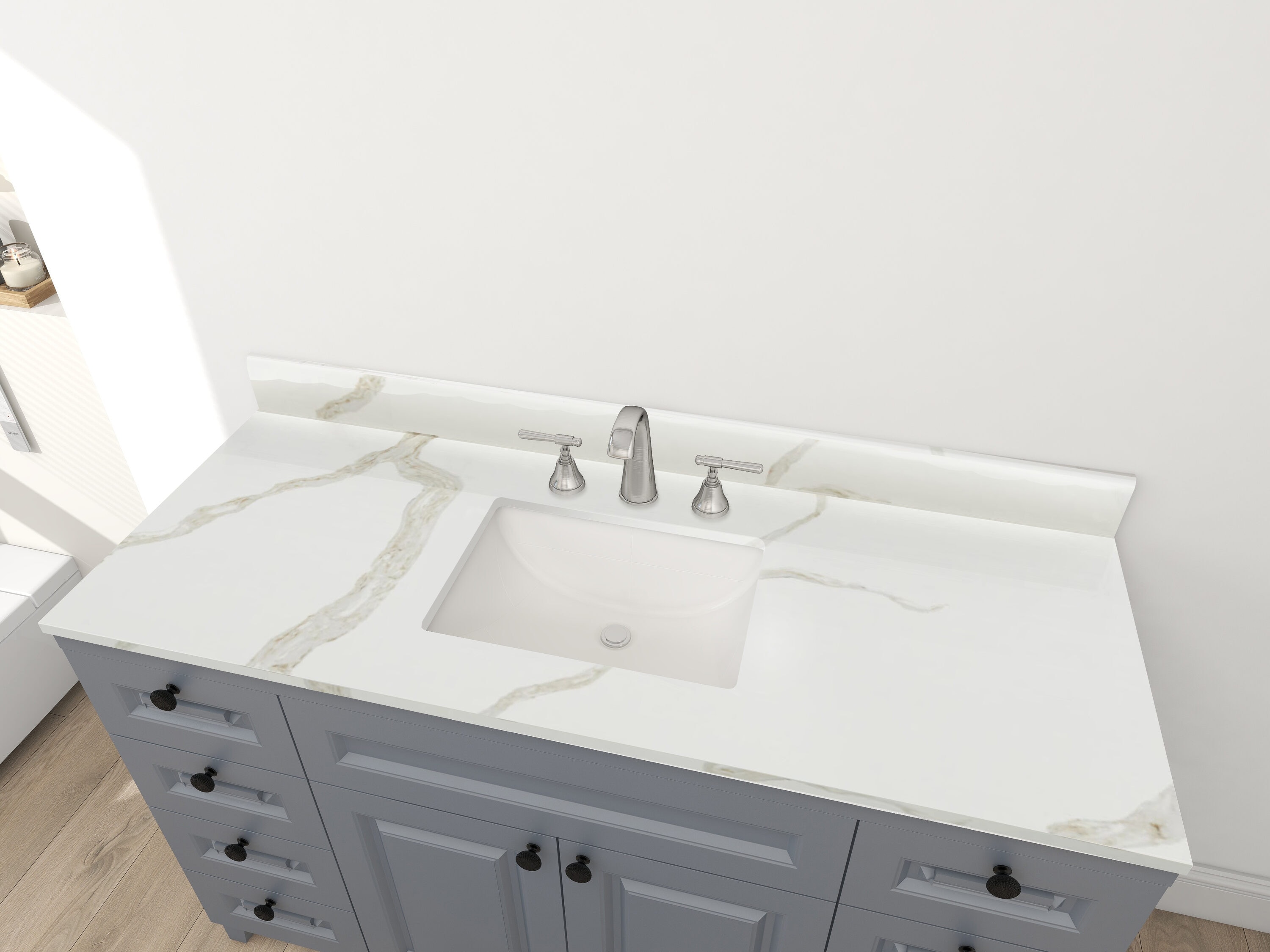 Cubierta de tocador de baño de cuarzo blanco Calacatta de 49 pulgadas x 22 pulgadas con lavabo individual empotrado y 3 orificios de drenaje de Winette WVTQ1504-49.