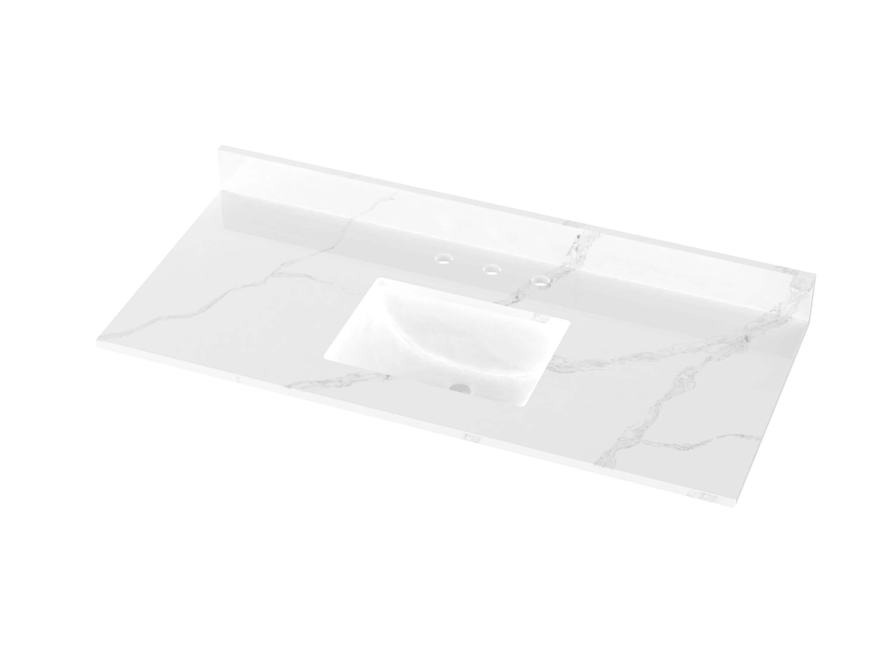 Cubierta de tocador de baño de cuarzo blanco Calacatta de 49 pulgadas x 22 pulgadas con lavabo individual empotrado y 3 orificios de drenaje de Winette WVTQ1504-49.