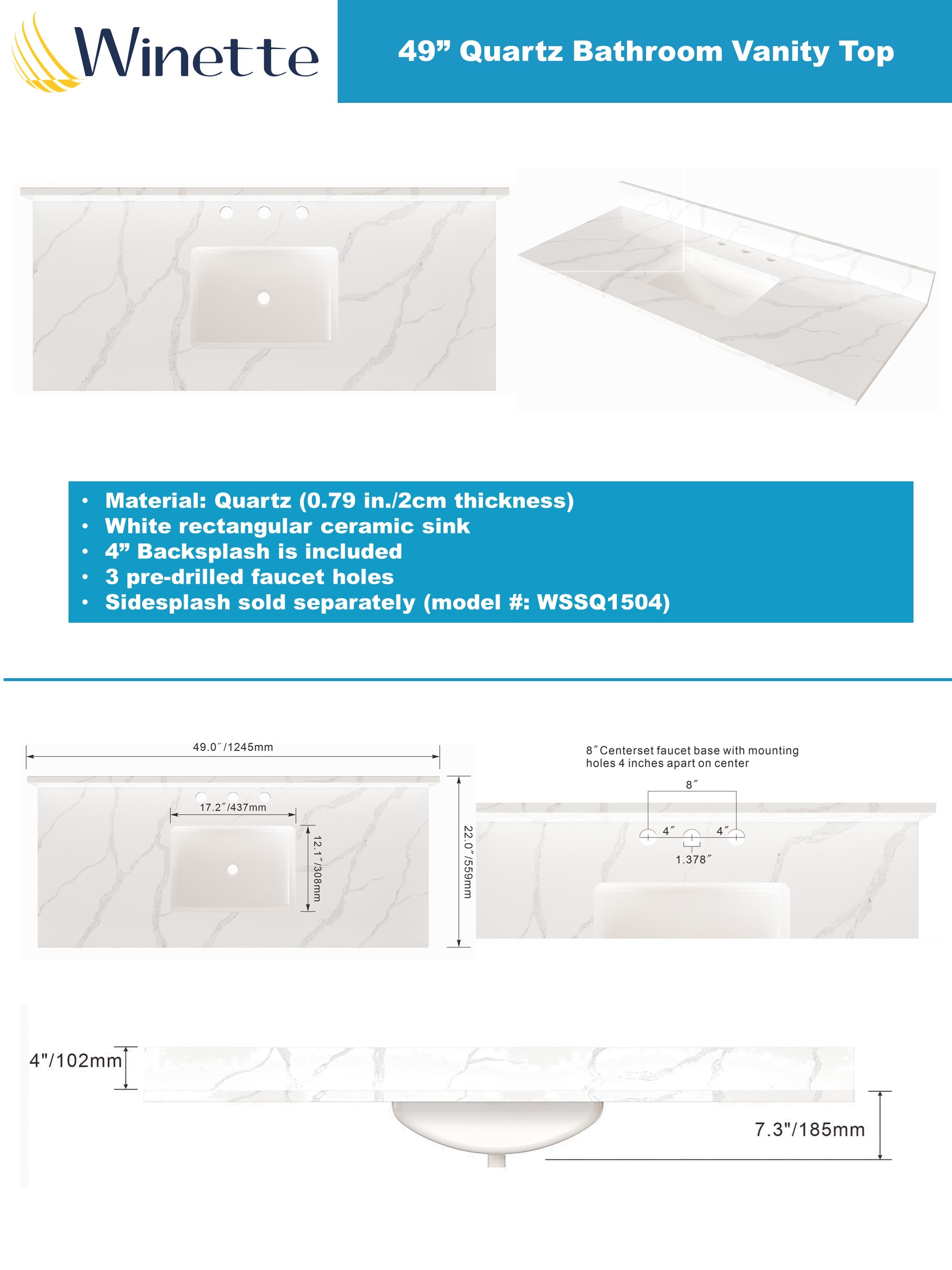 Cubierta de tocador de baño de cuarzo blanco Calacatta de 49 pulgadas x 22 pulgadas con lavabo individual empotrado y 3 orificios de drenaje de Winette WVTQ1504-49.