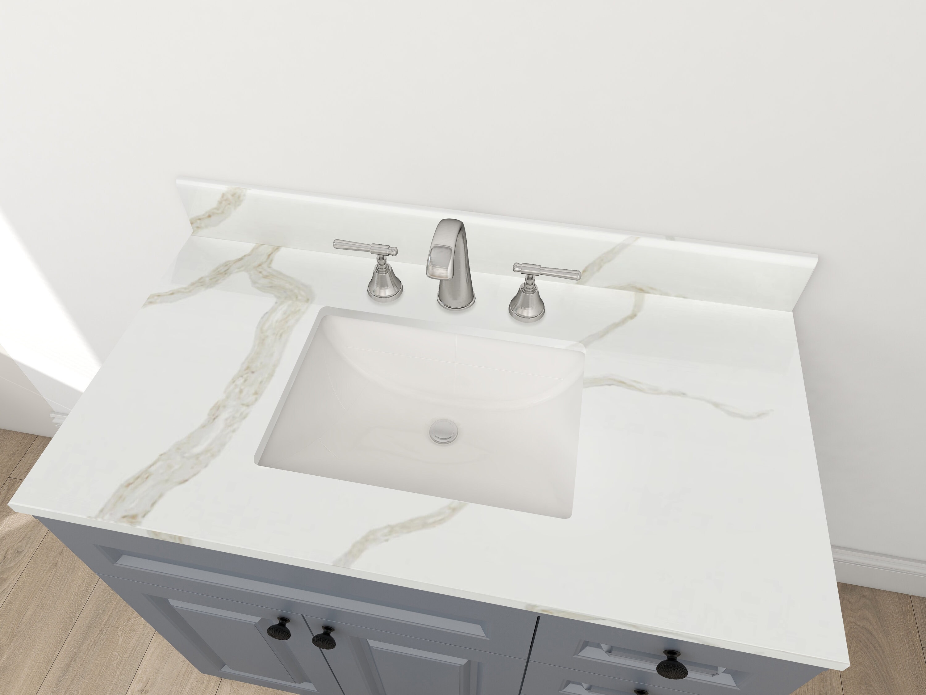 Encimera de tocador de baño de cuarzo blanco Calacatta de 37 pulgadas x 22 pulgadas con fregadero individual bajo encimera de 3 agujeros - WVTQ1504-37