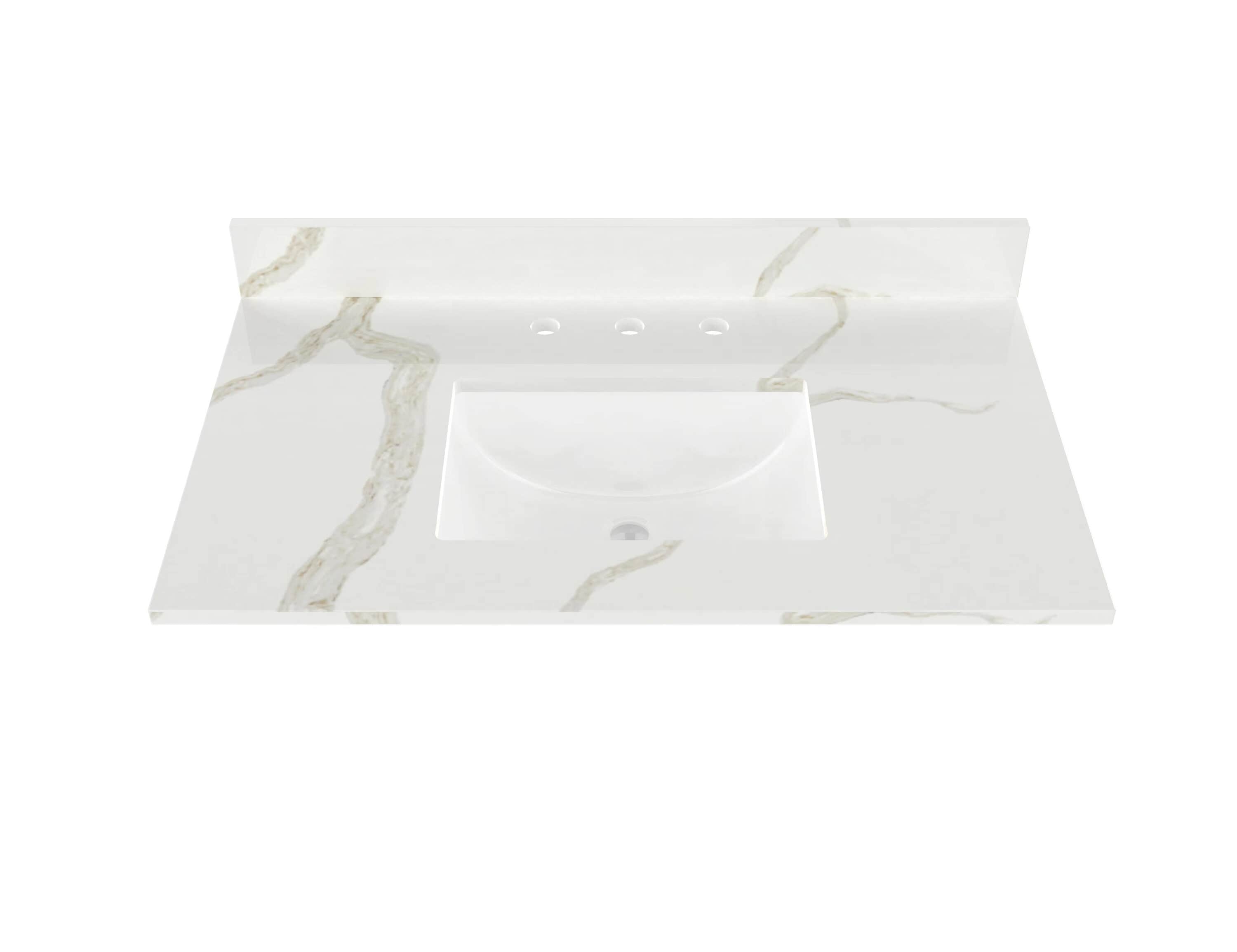 Encimera de tocador de baño de cuarzo blanco Calacatta de 37 pulgadas x 22 pulgadas con fregadero individual bajo encimera de 3 agujeros - WVTQ1504-37