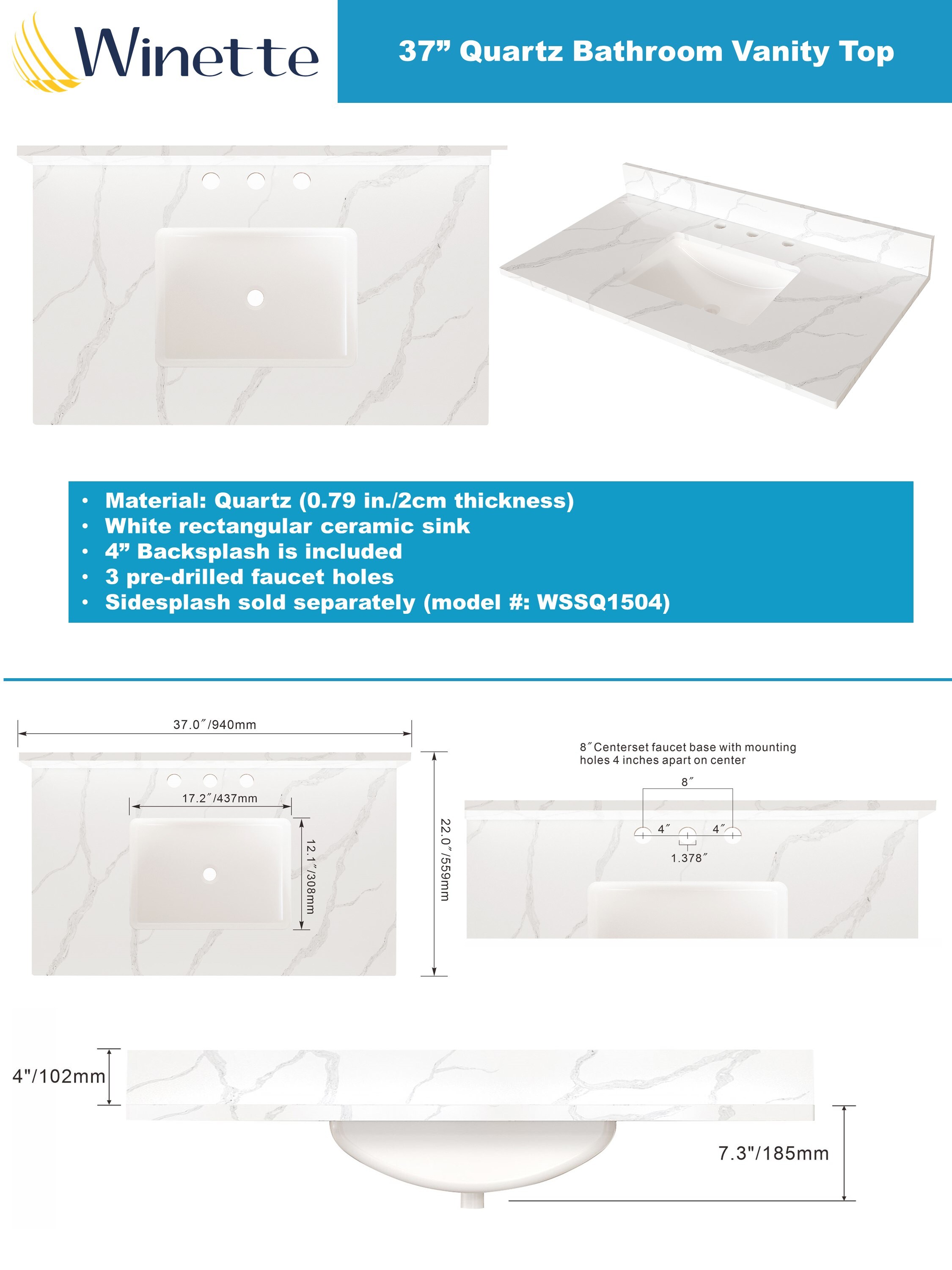 Encimera de tocador de baño de cuarzo blanco Calacatta de 37 pulgadas x 22 pulgadas con fregadero individual bajo encimera de 3 agujeros - WVTQ1504-37
