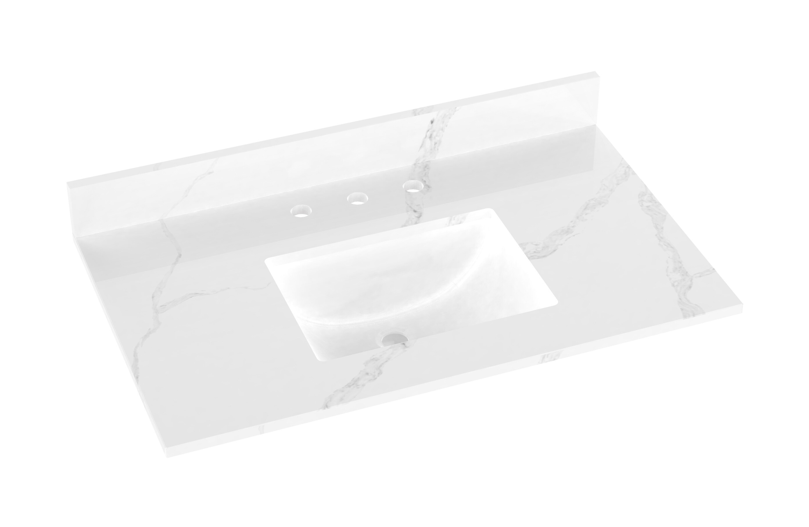 Encimera de tocador de baño de cuarzo blanco Calacatta de 37 pulgadas x 22 pulgadas con fregadero individual bajo encimera de 3 agujeros - WVTQ1504-37