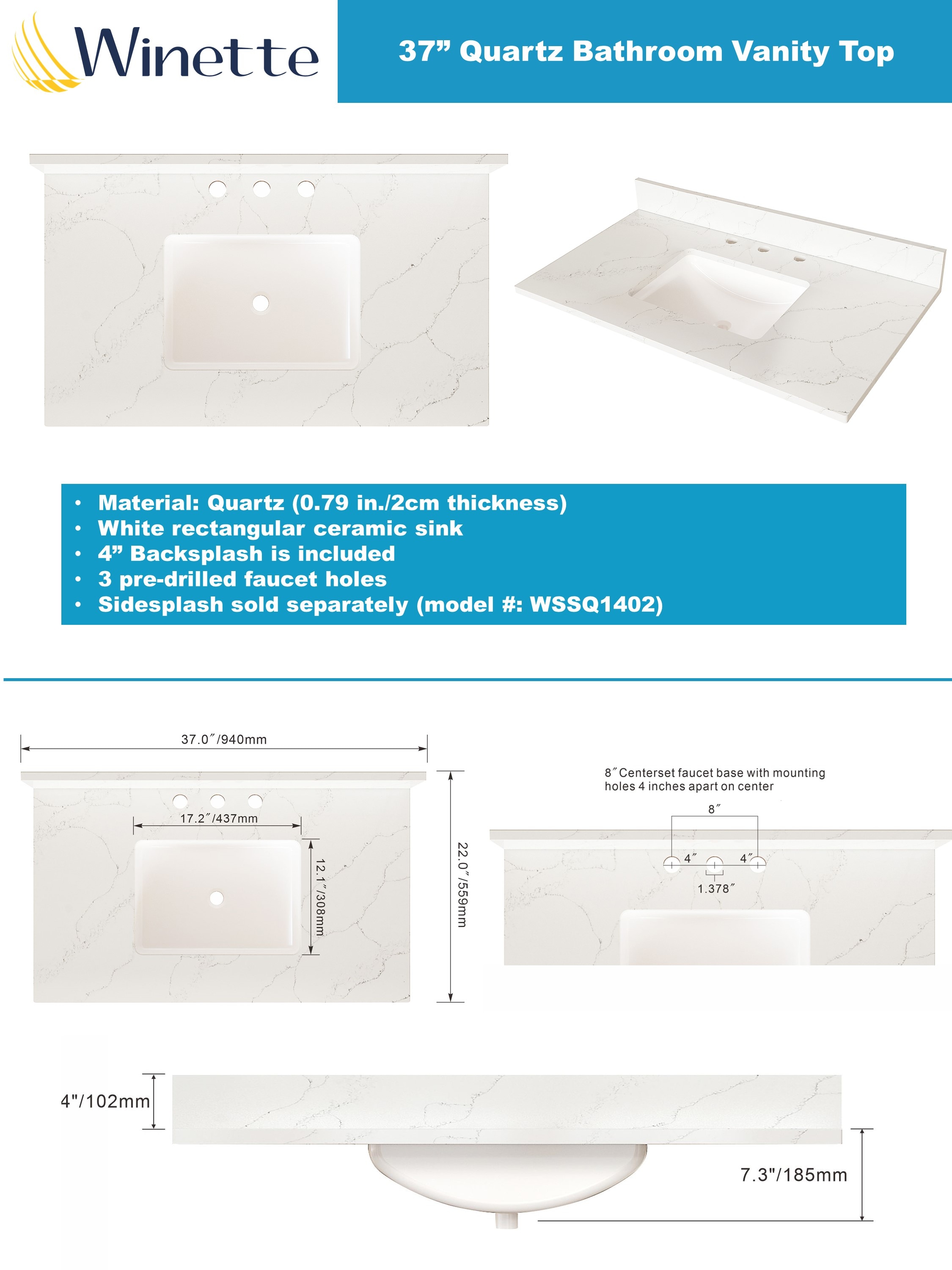 Tope de tocador para baño de 37 pulgadas x 22 pulgadas en cuarzo blanco de Carrara con lavabo individual bajo cubierta y 3 orificios - WVTQ1402-37