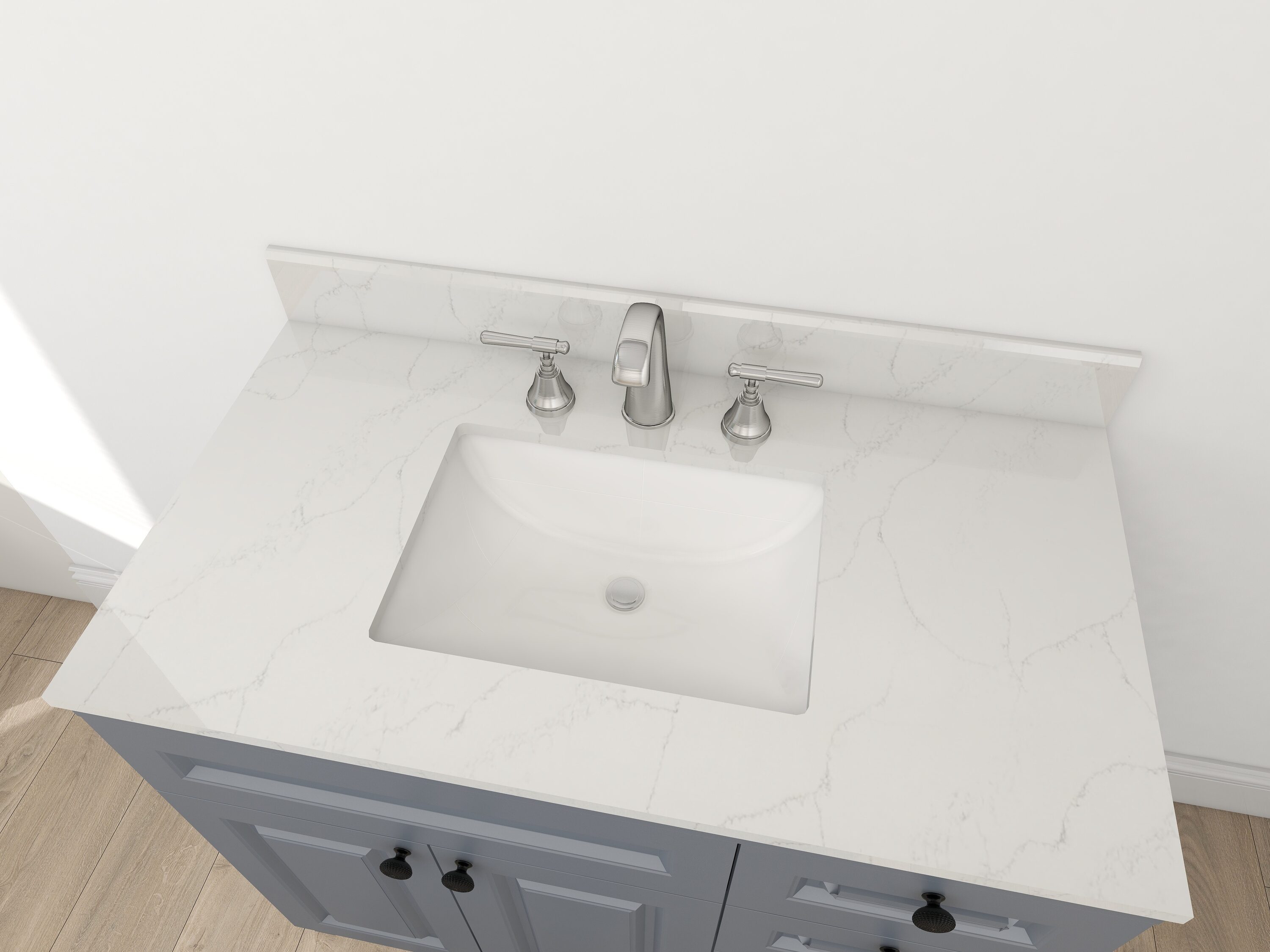 Tope de tocador para baño de 37 pulgadas x 22 pulgadas en cuarzo blanco de Carrara con lavabo individual bajo cubierta y 3 orificios - WVTQ1402-37