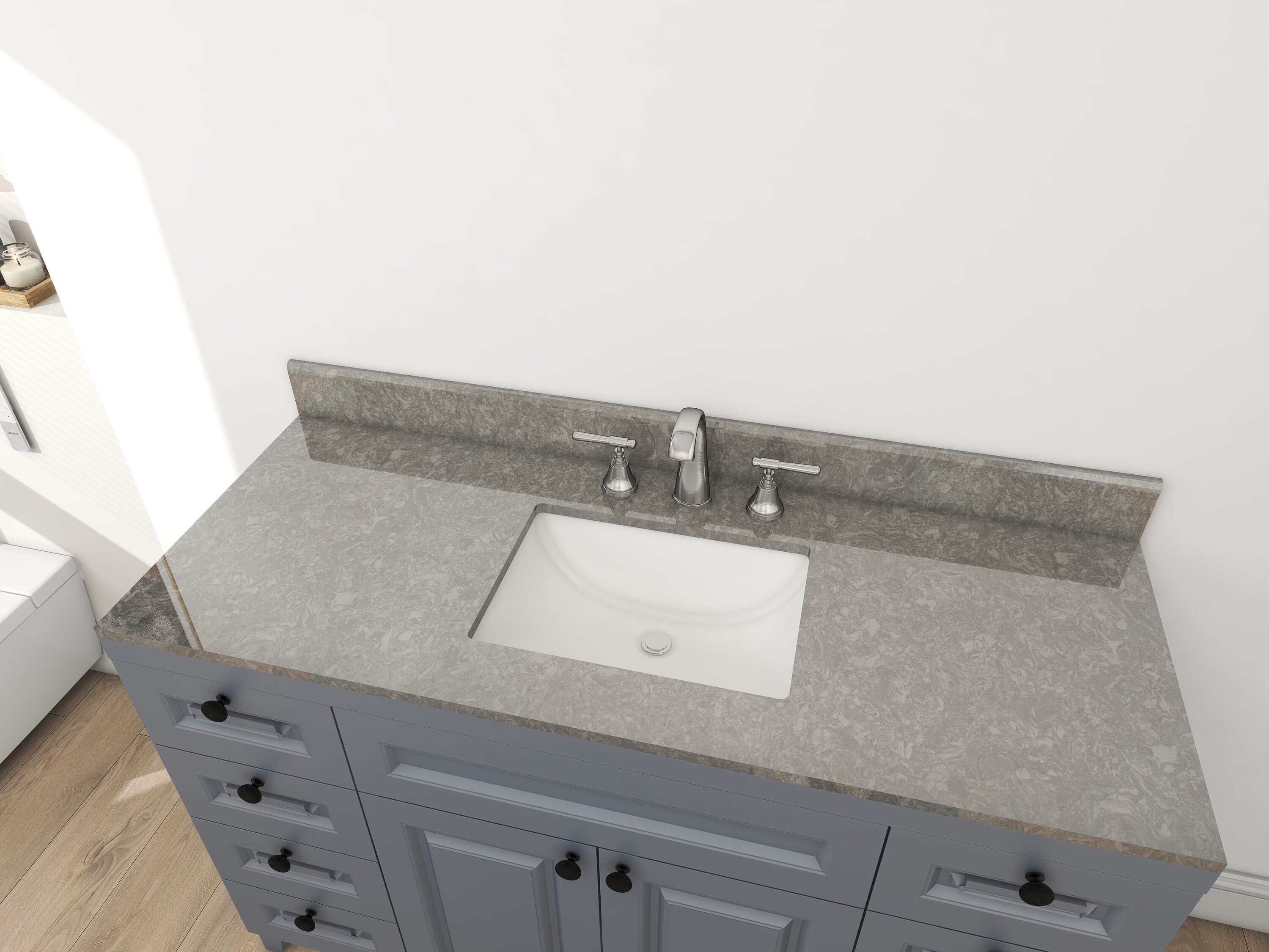 Cubierta de tocador para baño de cuarzo gris carbón de 49 x 22 pulgadas con lavabo bajo cubierta individual de 3 orificios Winette WVTQ3201-49