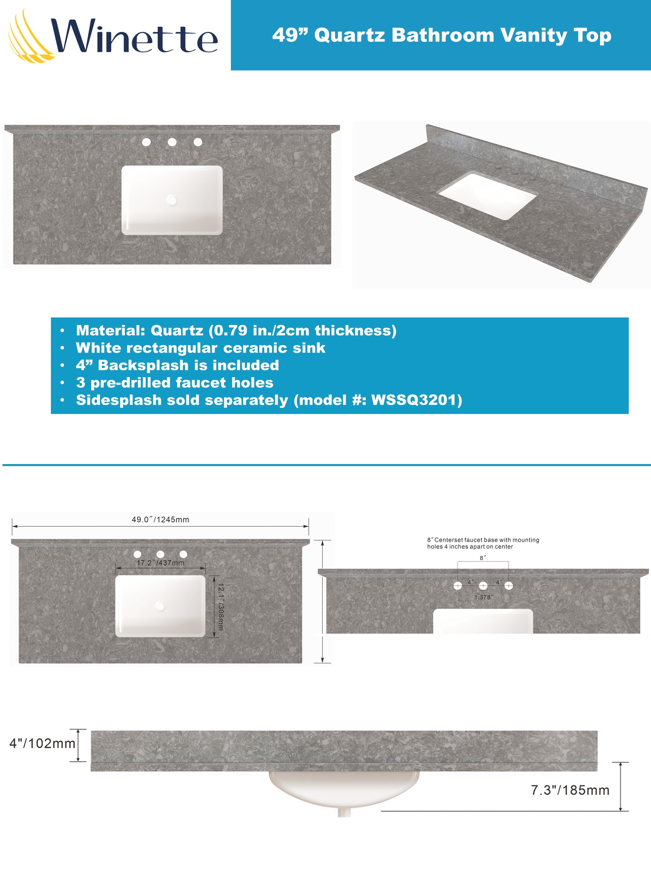 Cubierta de tocador para baño de cuarzo gris carbón de 49 x 22 pulgadas con lavabo bajo cubierta individual de 3 orificios Winette WVTQ3201-49