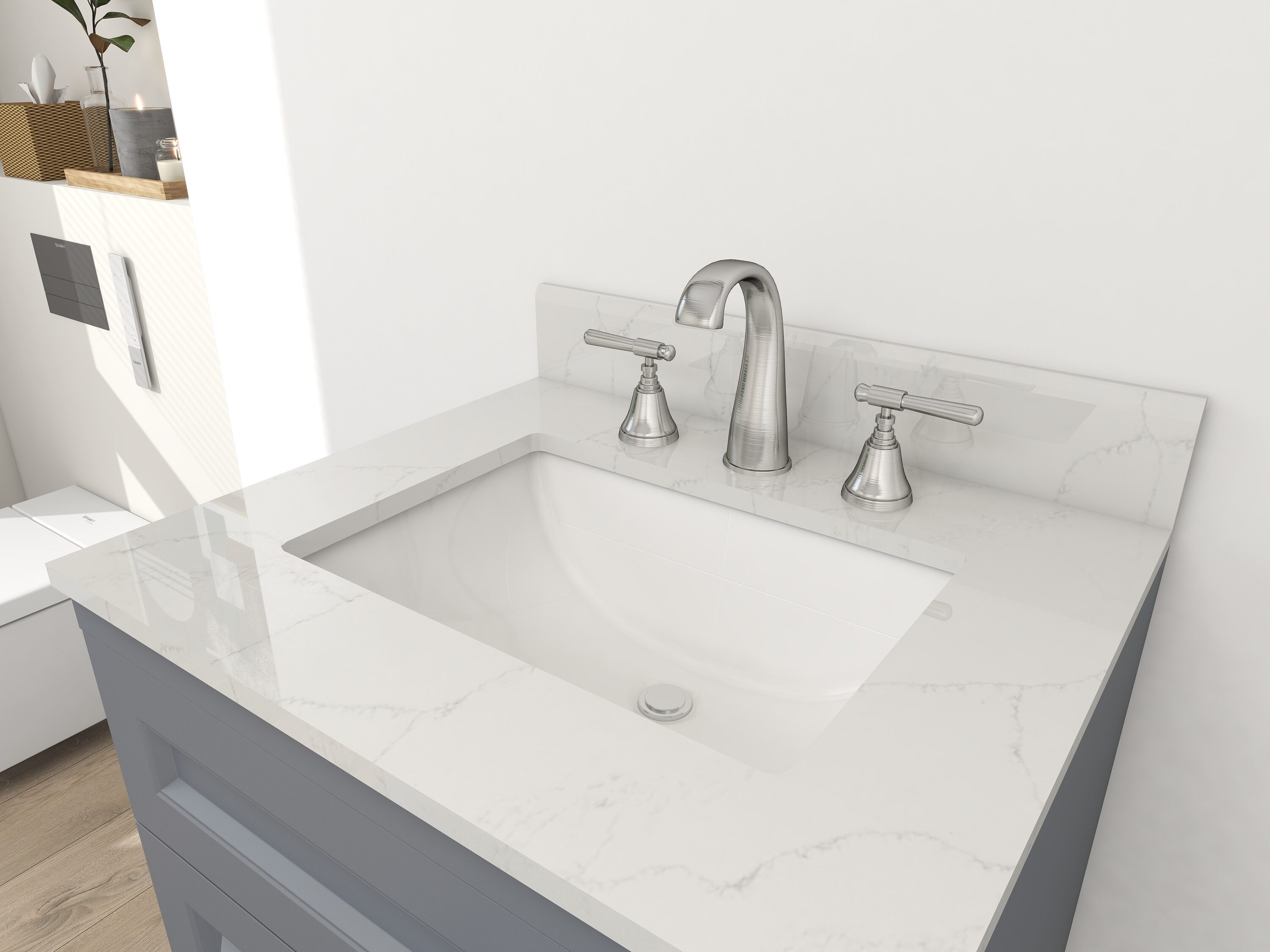 Tapa de tocador de baño de 31 pulgadas x 22 pulgadas, blanco de Carrara, de cuarzo para montaje inferior con fregadero individual y 3 orificios