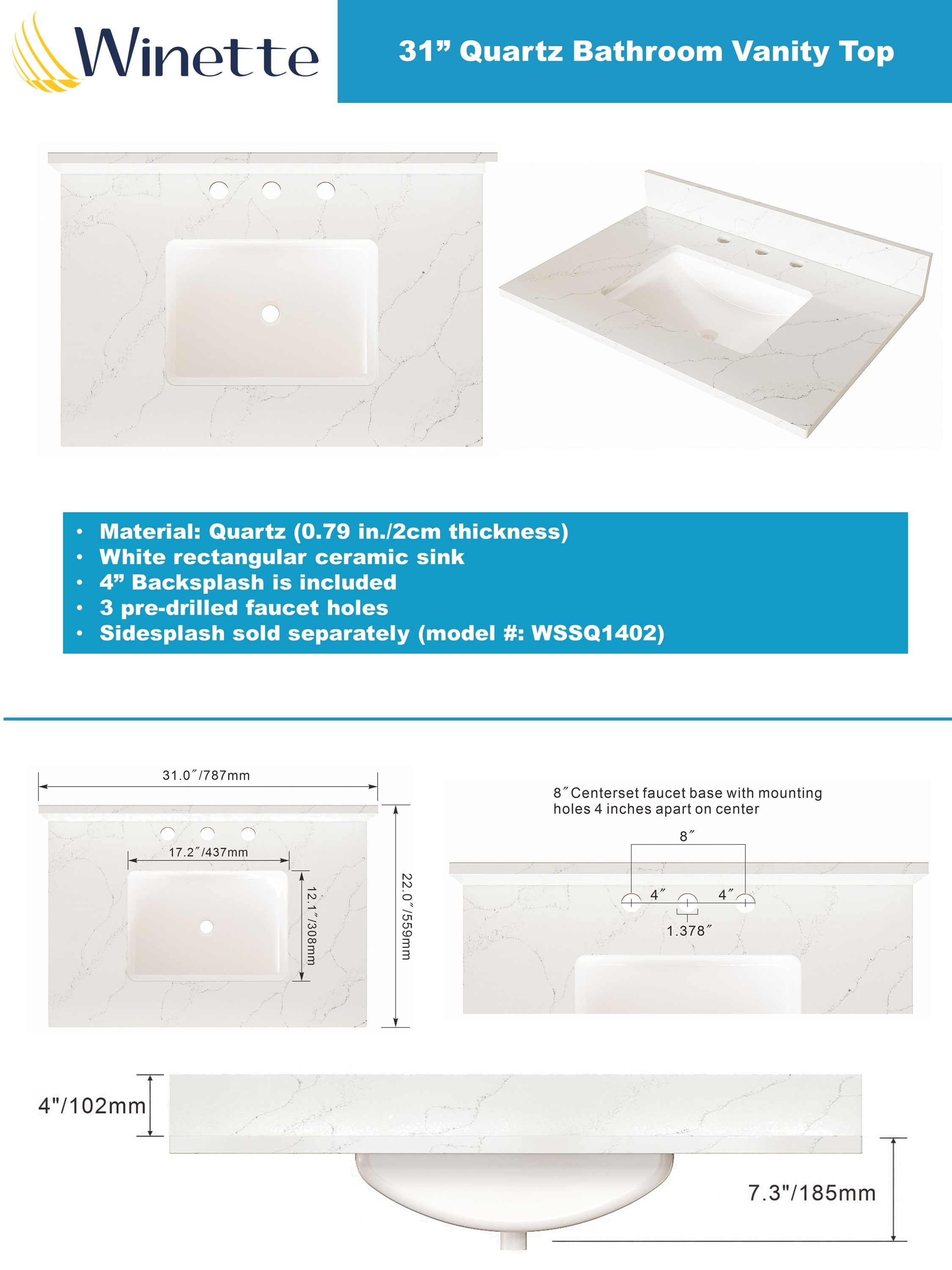 Tapa de tocador de baño de 31 pulgadas x 22 pulgadas, blanco de Carrara, de cuarzo para montaje inferior con fregadero individual y 3 orificios