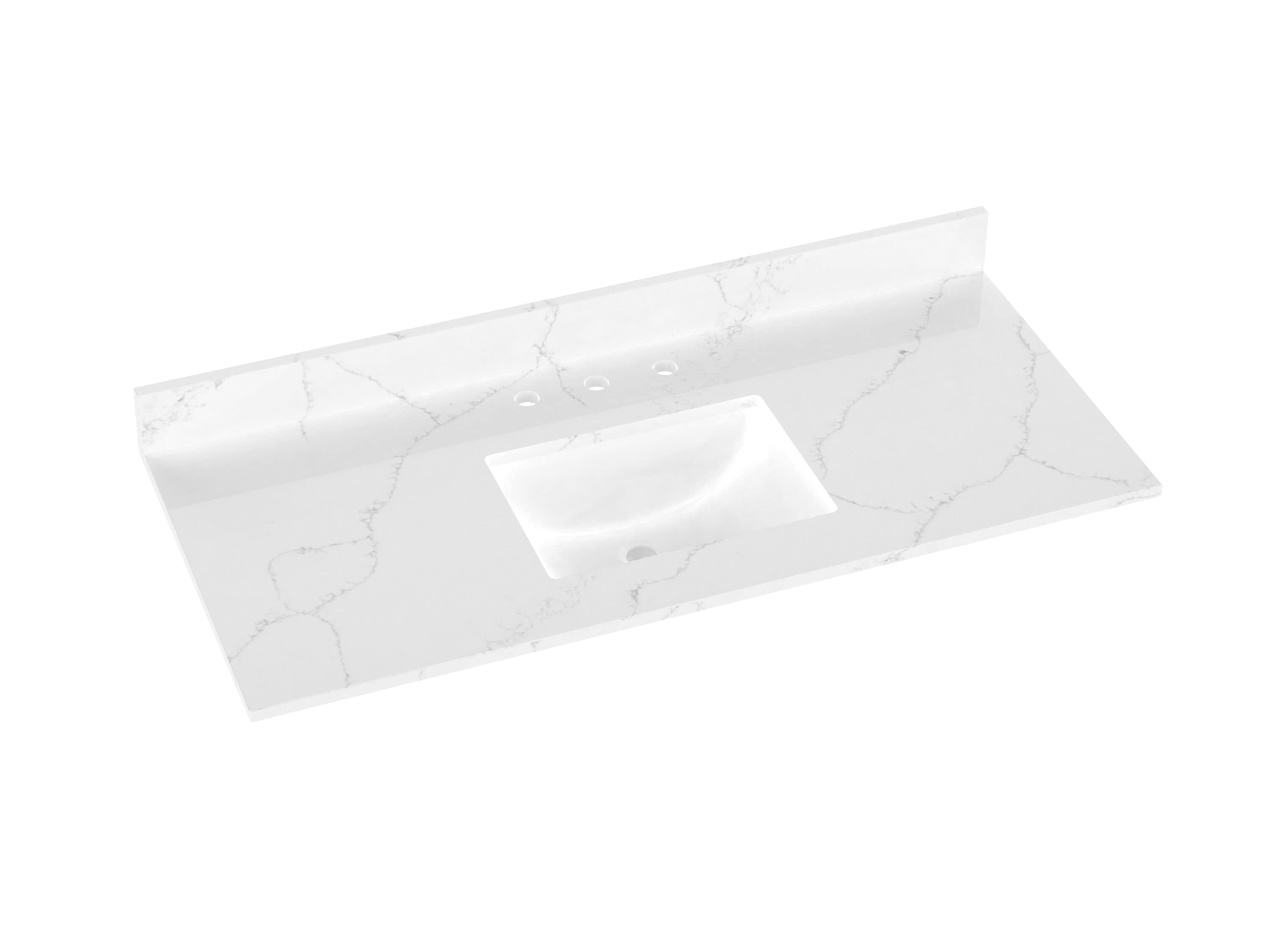 Tapa de tocador para baño de 49 pulgadas x 22 pulgadas en cuarzo blanco Carrara con lavabo individual bajo cubierta y 3 orificios de Winette - WVTQ1402-49.
