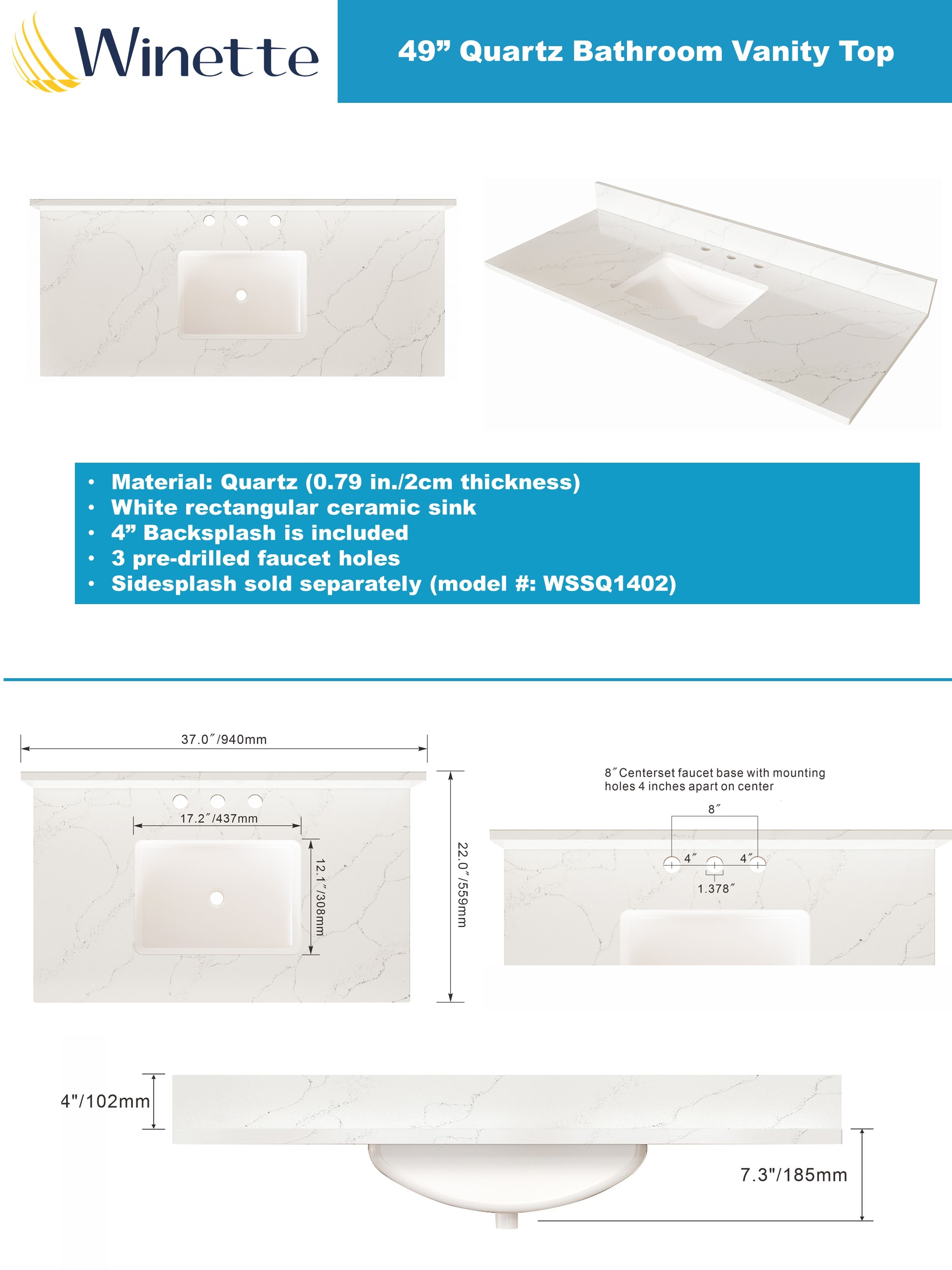 Tapa de tocador para baño de 49 pulgadas x 22 pulgadas en cuarzo blanco Carrara con lavabo individual bajo cubierta y 3 orificios de Winette - WVTQ1402-49.