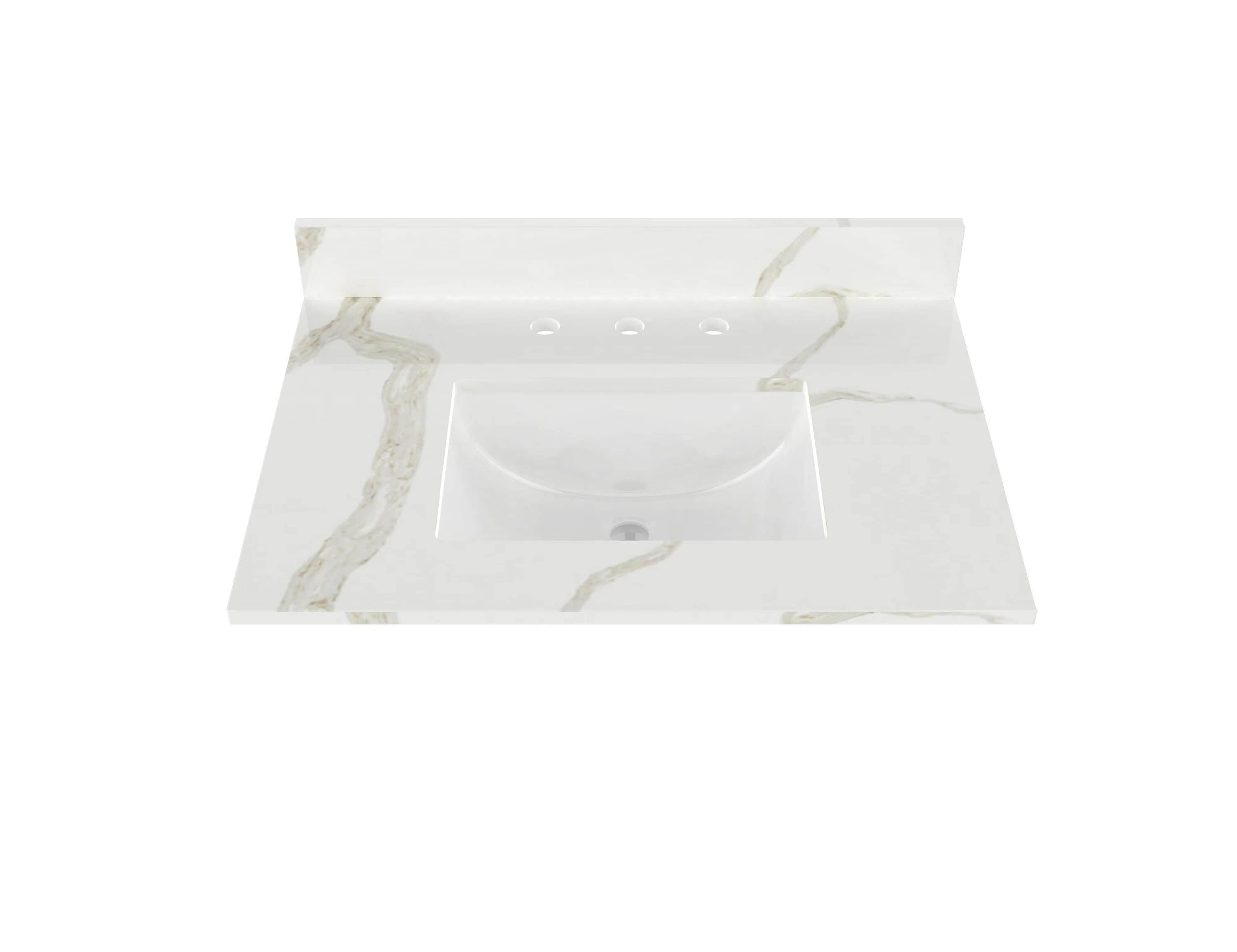 Encimera de baño de cuarzo blanco Calacatta de 31 pulgadas x 22 pulgadas con fregadero individual bajo encimera de 3 hoyos, modelo WVTQ1504-31