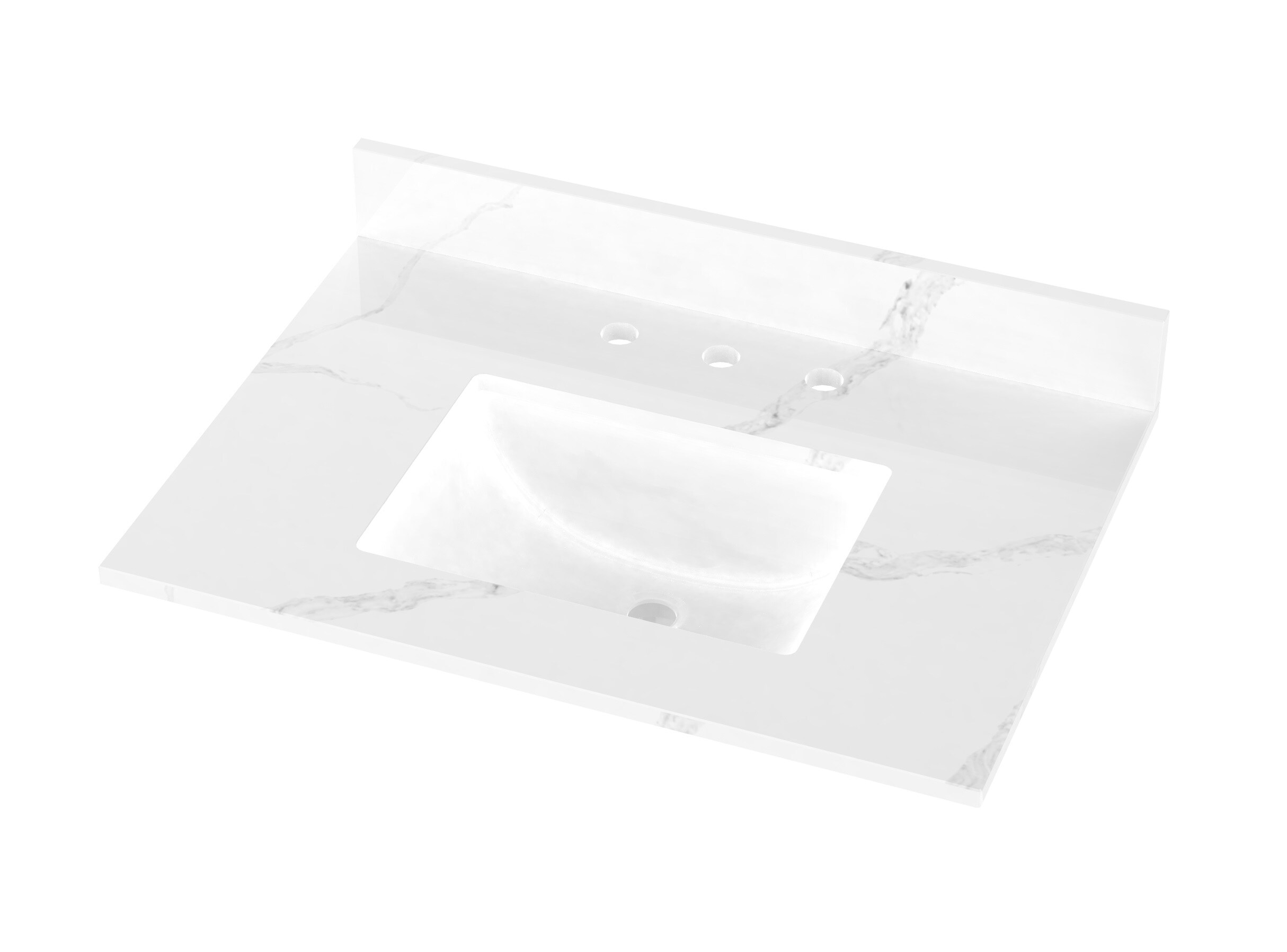 Encimera de baño de cuarzo blanco Calacatta de 31 pulgadas x 22 pulgadas con fregadero individual bajo encimera de 3 hoyos, modelo WVTQ1504-31