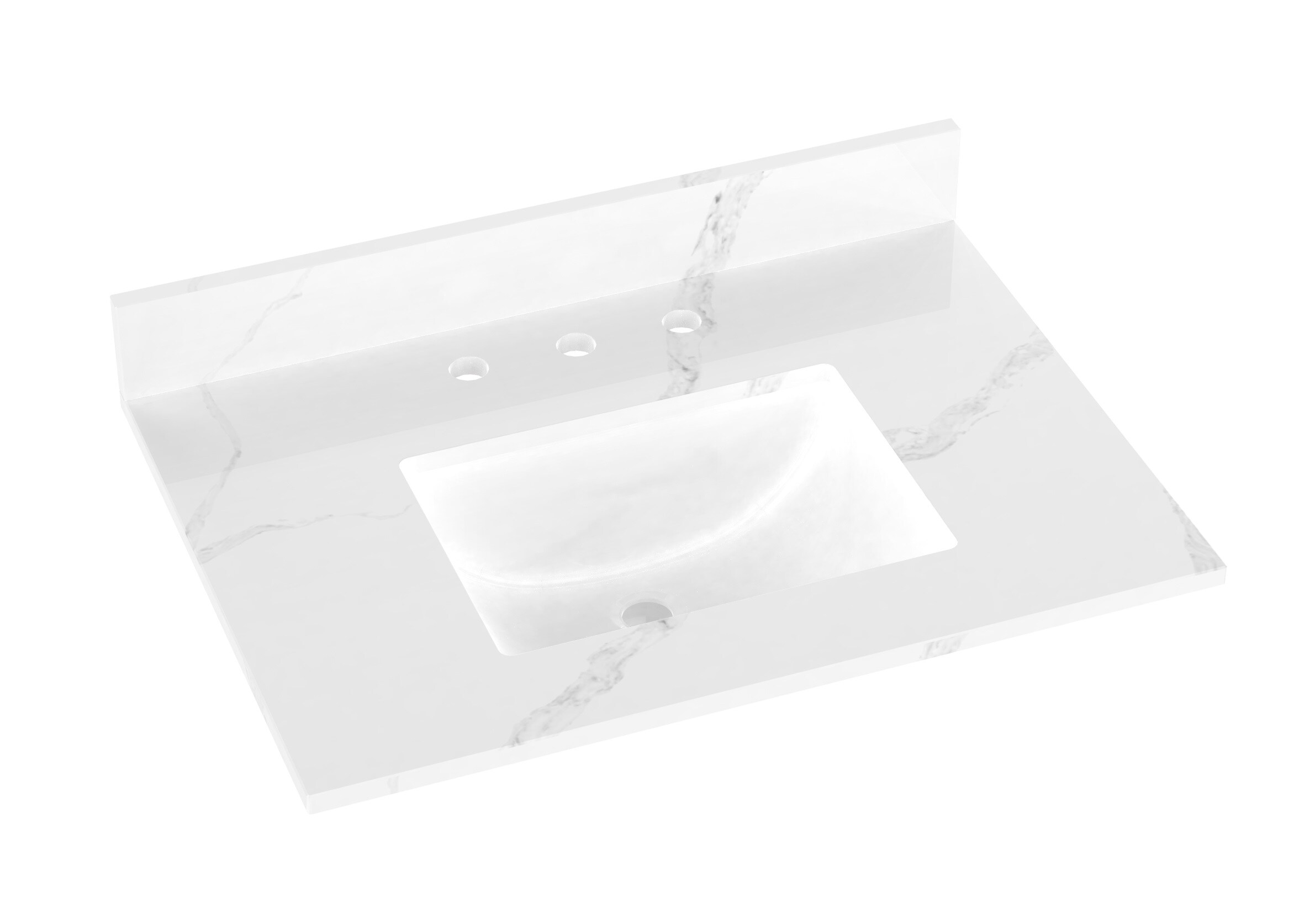 Encimera de baño de cuarzo blanco Calacatta de 31 pulgadas x 22 pulgadas con fregadero individual bajo encimera de 3 hoyos, modelo WVTQ1504-31