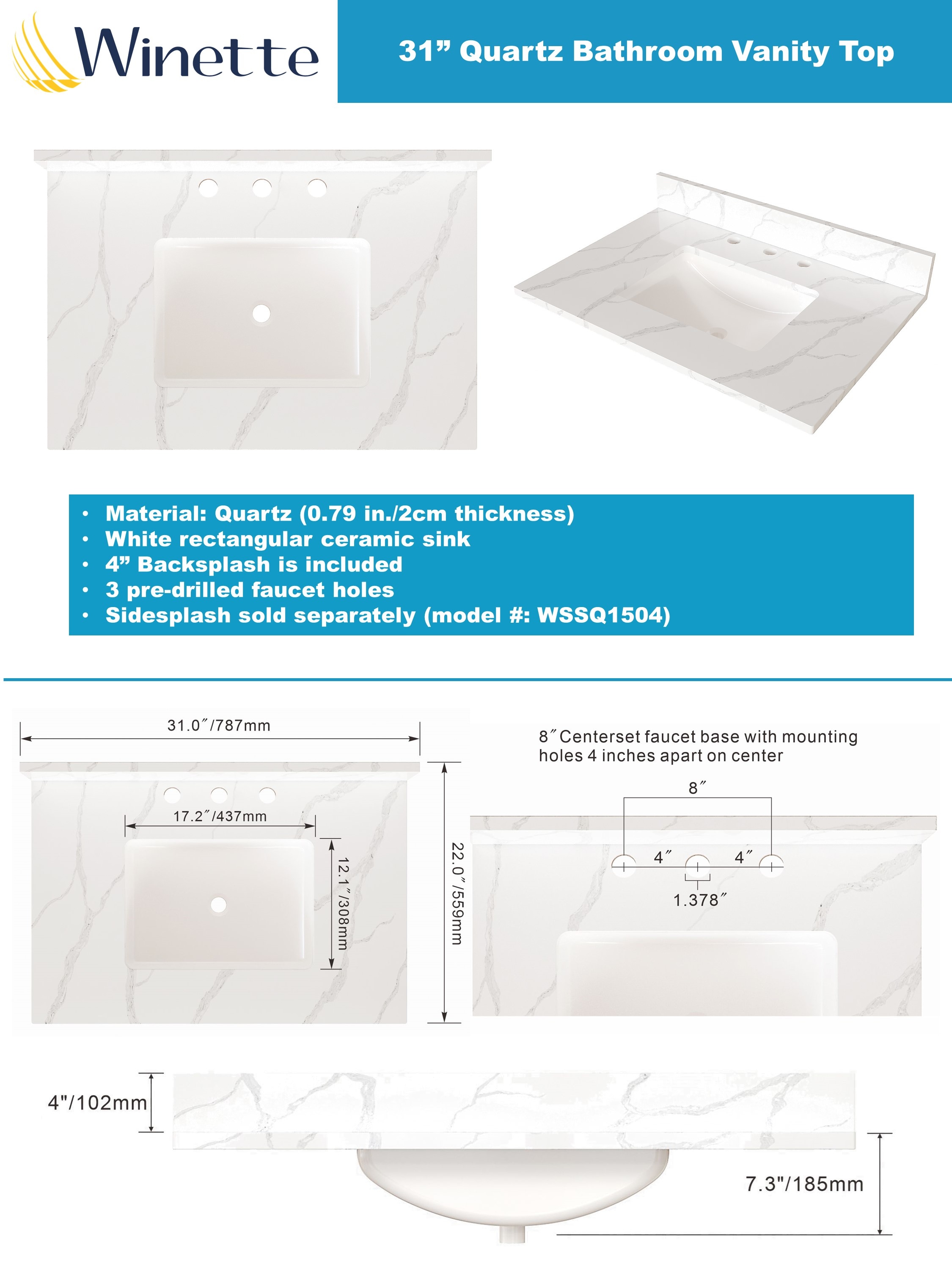 Encimera de baño de cuarzo blanco Calacatta de 31 pulgadas x 22 pulgadas con fregadero individual bajo encimera de 3 hoyos, modelo WVTQ1504-31