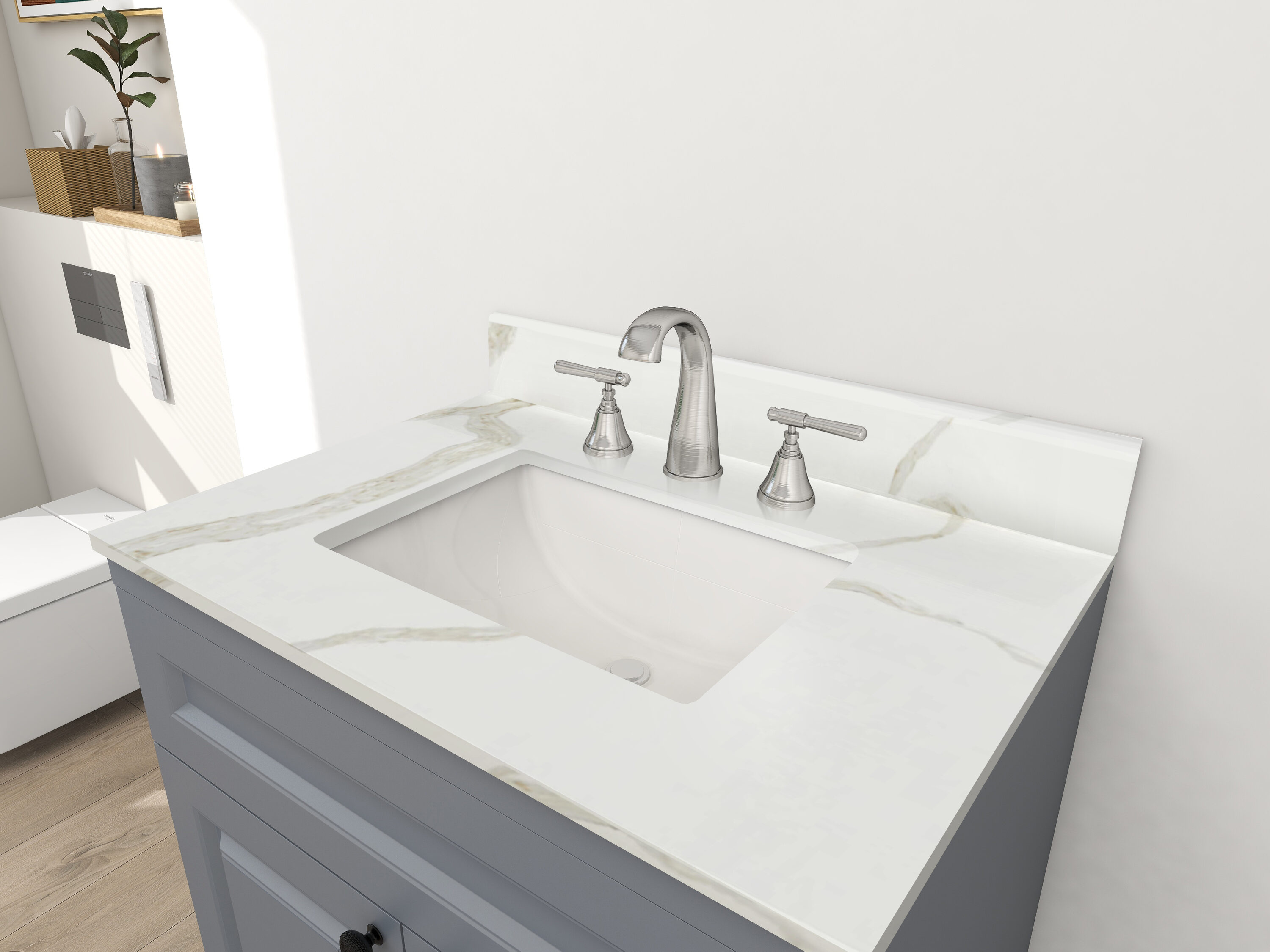Encimera de baño de cuarzo blanco Calacatta de 31 pulgadas x 22 pulgadas con fregadero individual bajo encimera de 3 hoyos, modelo WVTQ1504-31