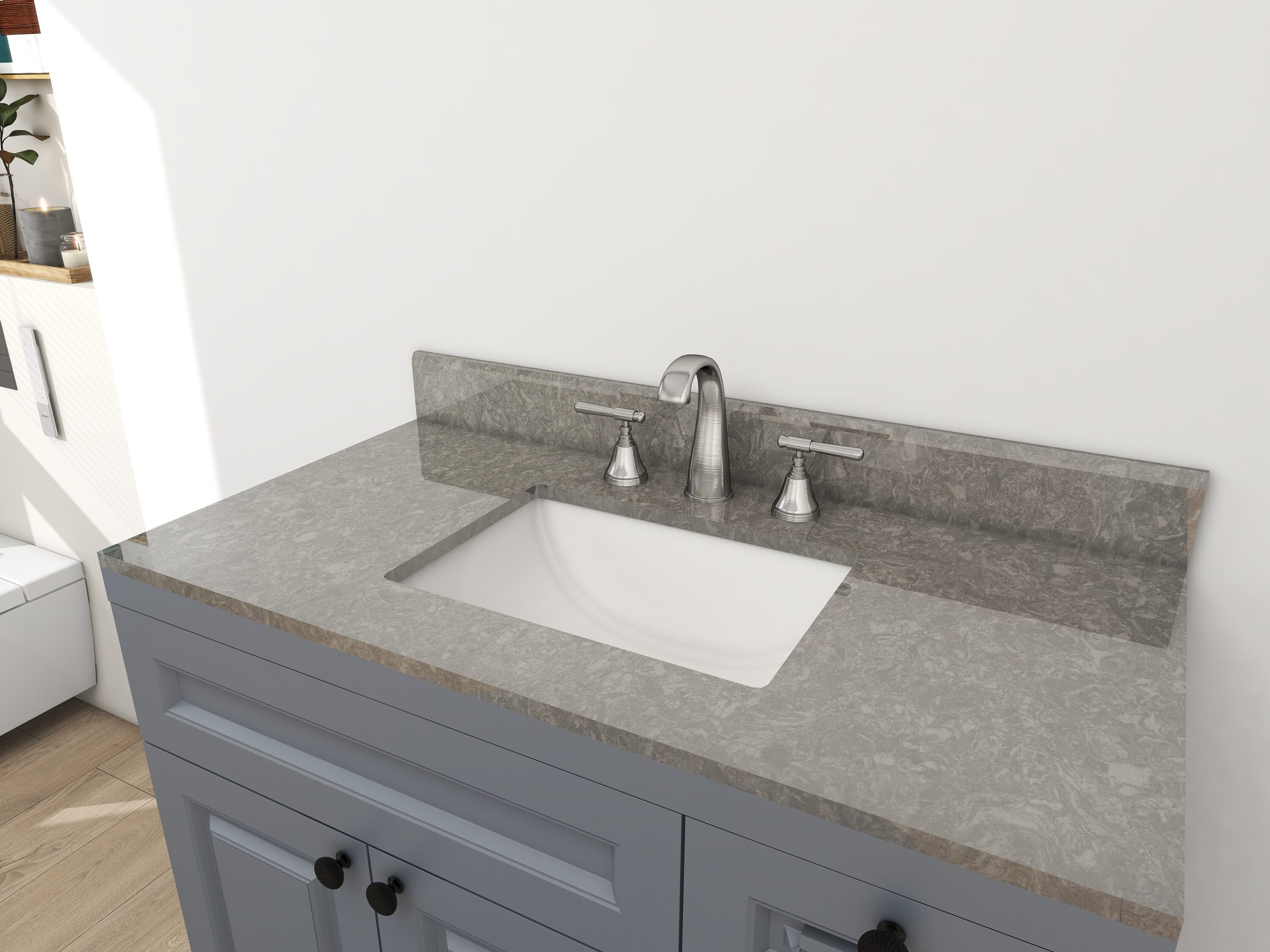 Tope de tocador para baño de cuarzo en tono gris carbón con fregadero individual bajo cubierta de 37 pulgadas x 22 pulgadas y 3 perforaciones - WVTQ3201-37