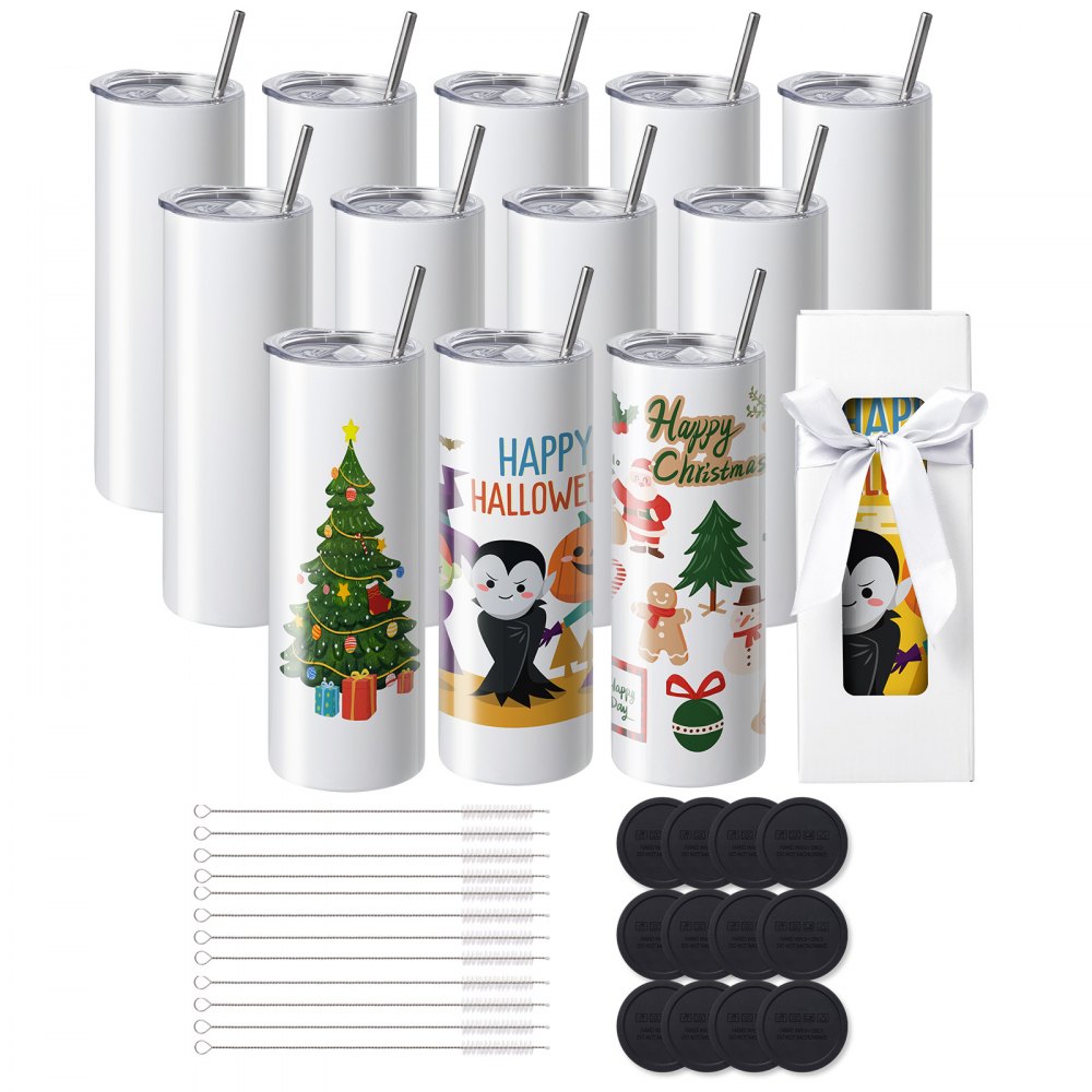 VEVOR 12 Pack Sublimation Tumblers 20oz Skinny Straight, Stainless Steel Sublimation Tumblers Blank, Stainless Steel Double Wall Tumbler for Heat Transfer Customized Gifts with Lid and Straw, Gift Box - KBJPJTJBXG12PZKOKV0