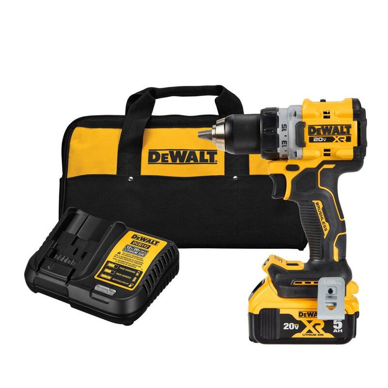 Kit de Taladro/Atornillador Compacto Inalámbrico de Iones de Litio DEWALT 20V MAX XR de 1/2 pulgadas, Batería de 20V MAX 5.0Ah y Cargador - DCD800P1