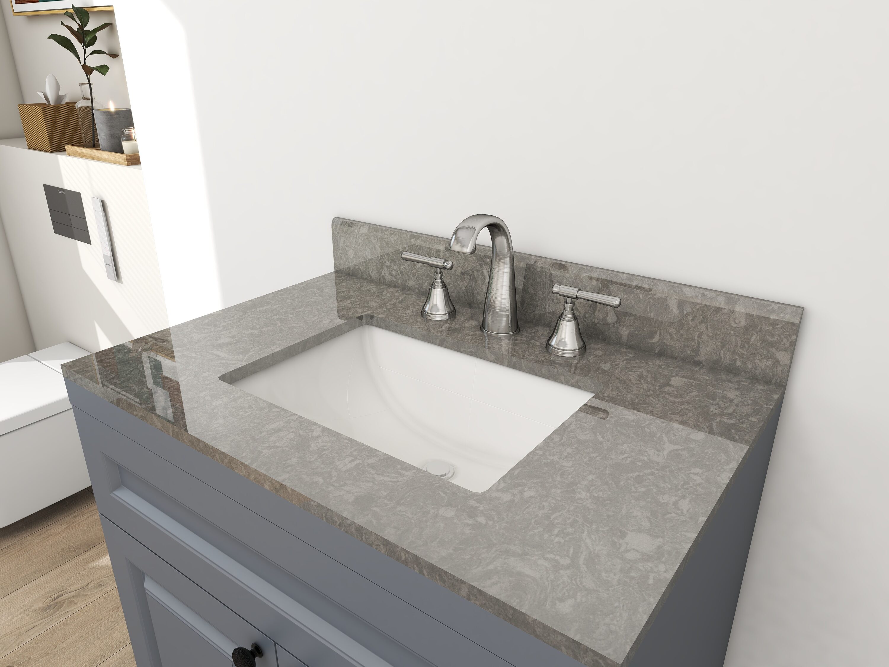 Tapa de tocador de baño de cuarzo gris carbón para montar debajo del fregadero de 31 pulgadas x 22 pulgadas con un solo lavabo y 3 orificios de Winette (WVTQ3201-31)