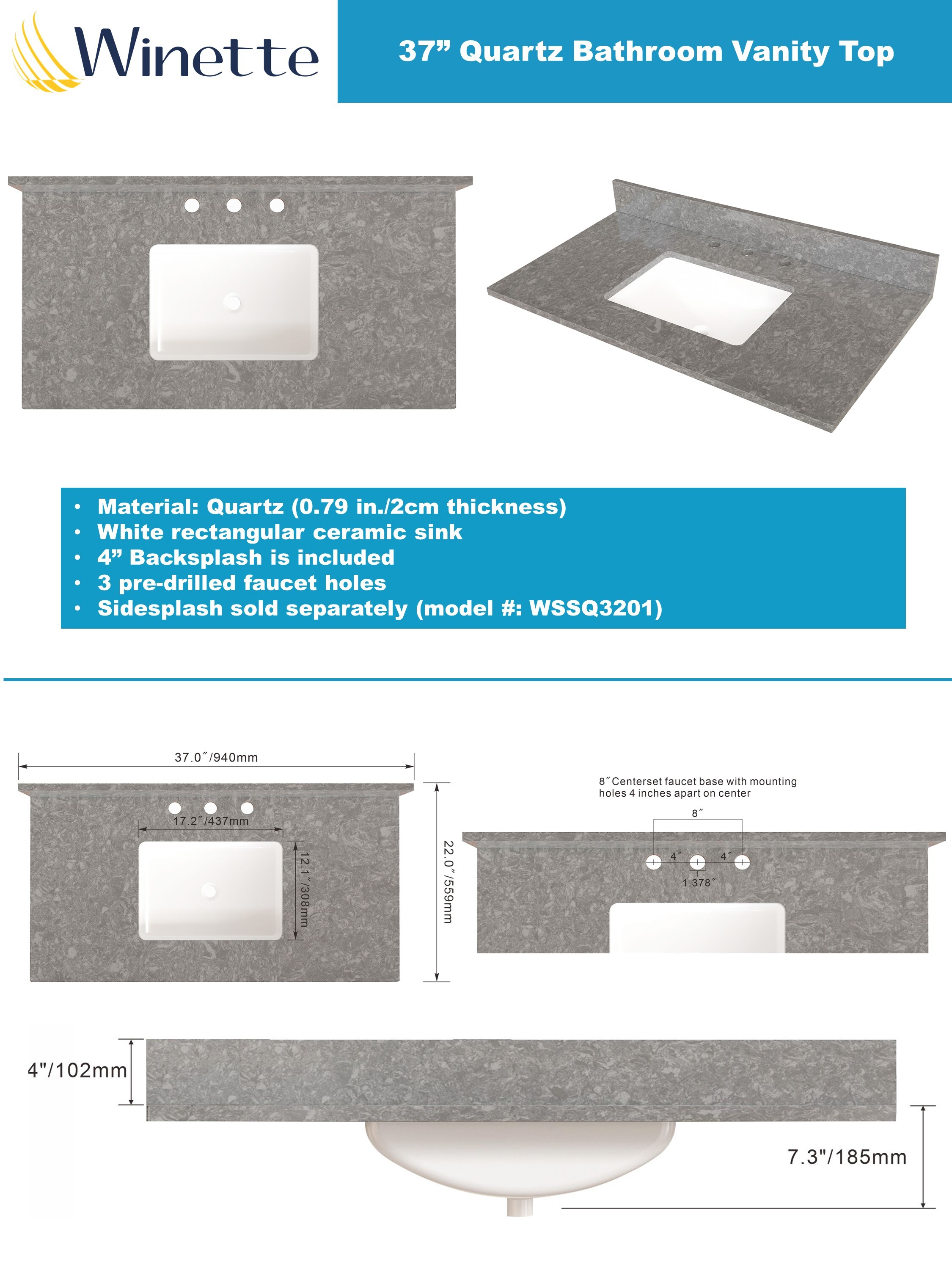 Tapa de tocador de baño de cuarzo gris carbón para montar debajo del fregadero de 31 pulgadas x 22 pulgadas con un solo lavabo y 3 orificios de Winette (WVTQ3201-31)
