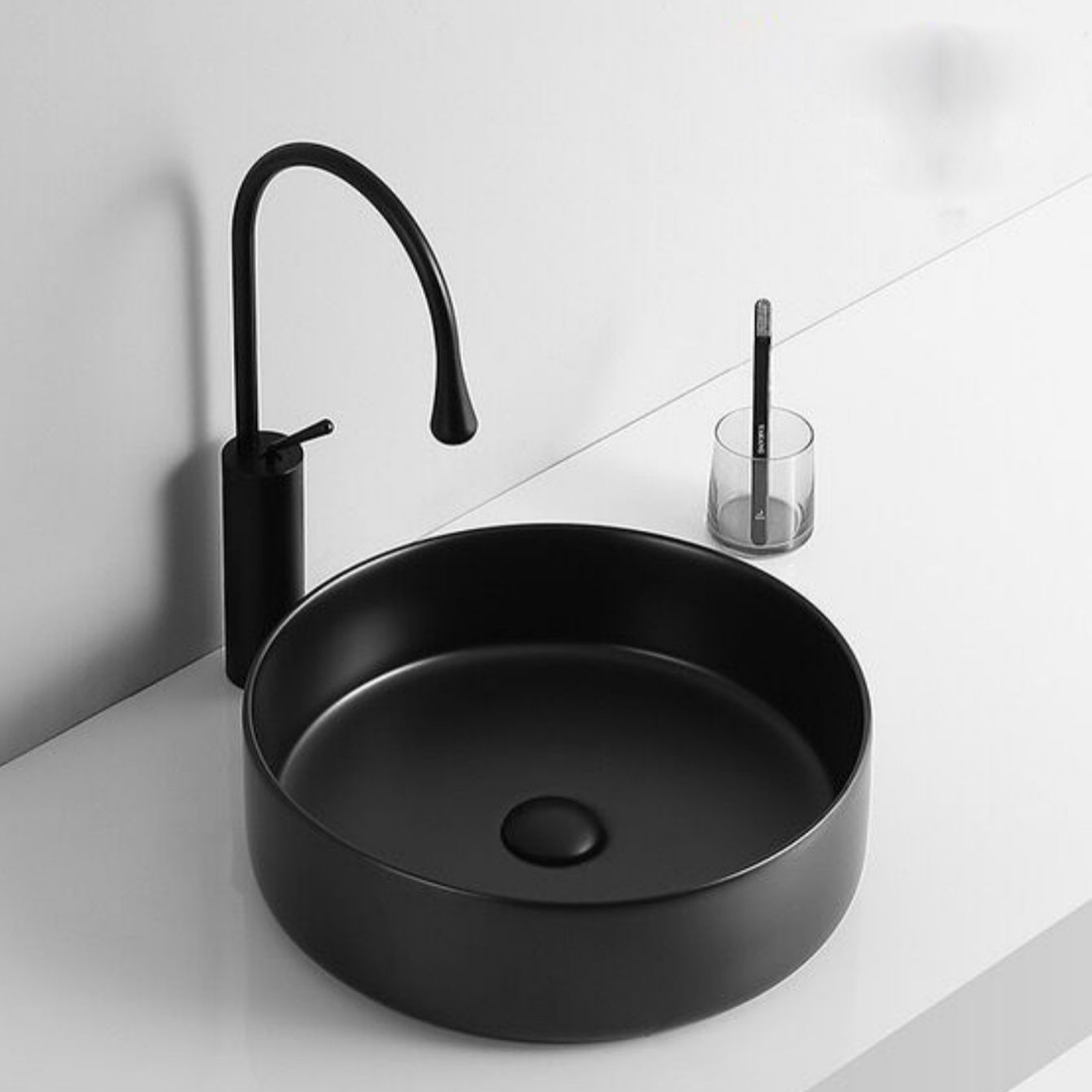 Encimera de tocador de baño con lavabo único de cerámica negra WELLFOR 15.7 pulgadas x 15.7 pulgadas GLEM-104414