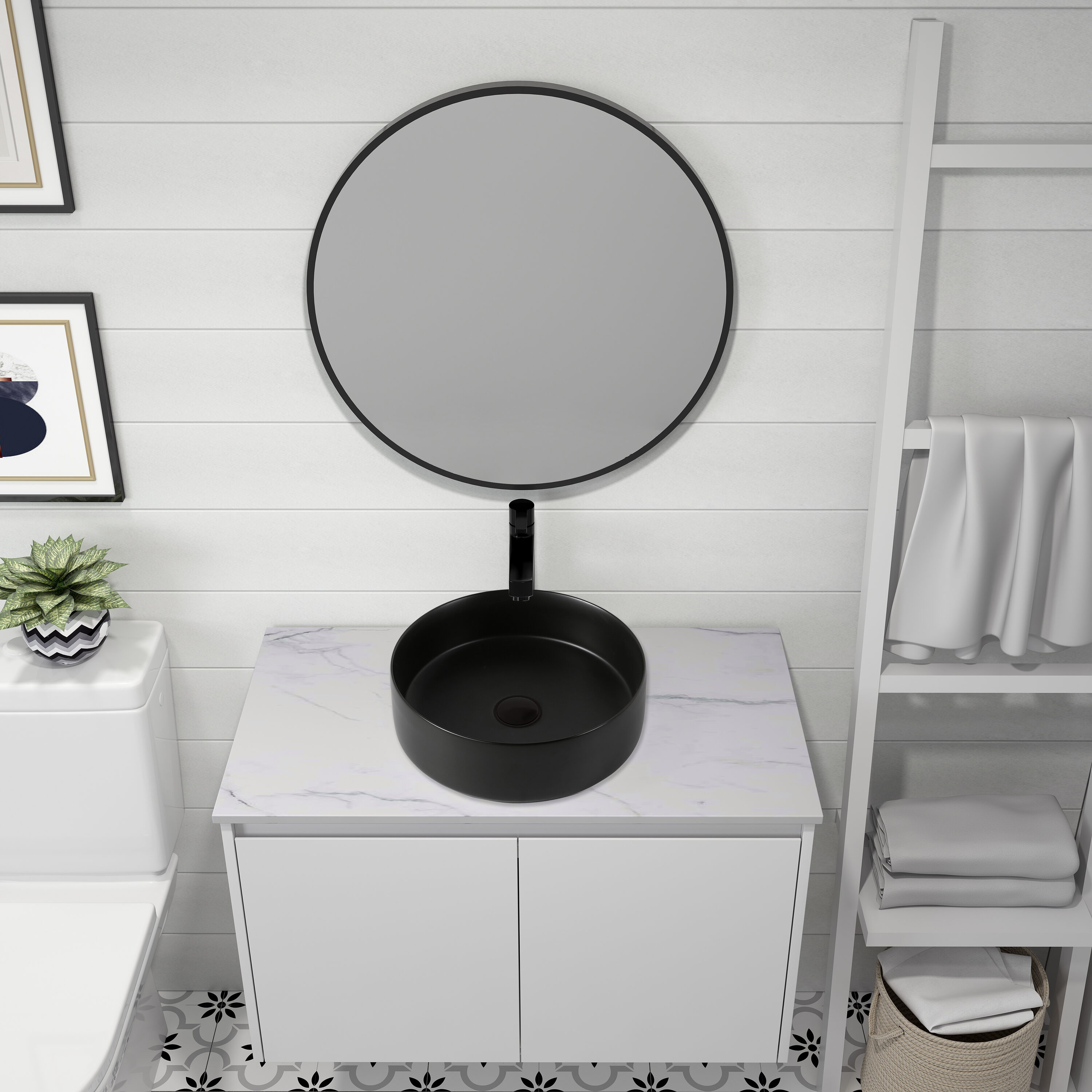 Encimera de tocador de baño con lavabo único de cerámica negra WELLFOR 15.7 pulgadas x 15.7 pulgadas GLEM-104414