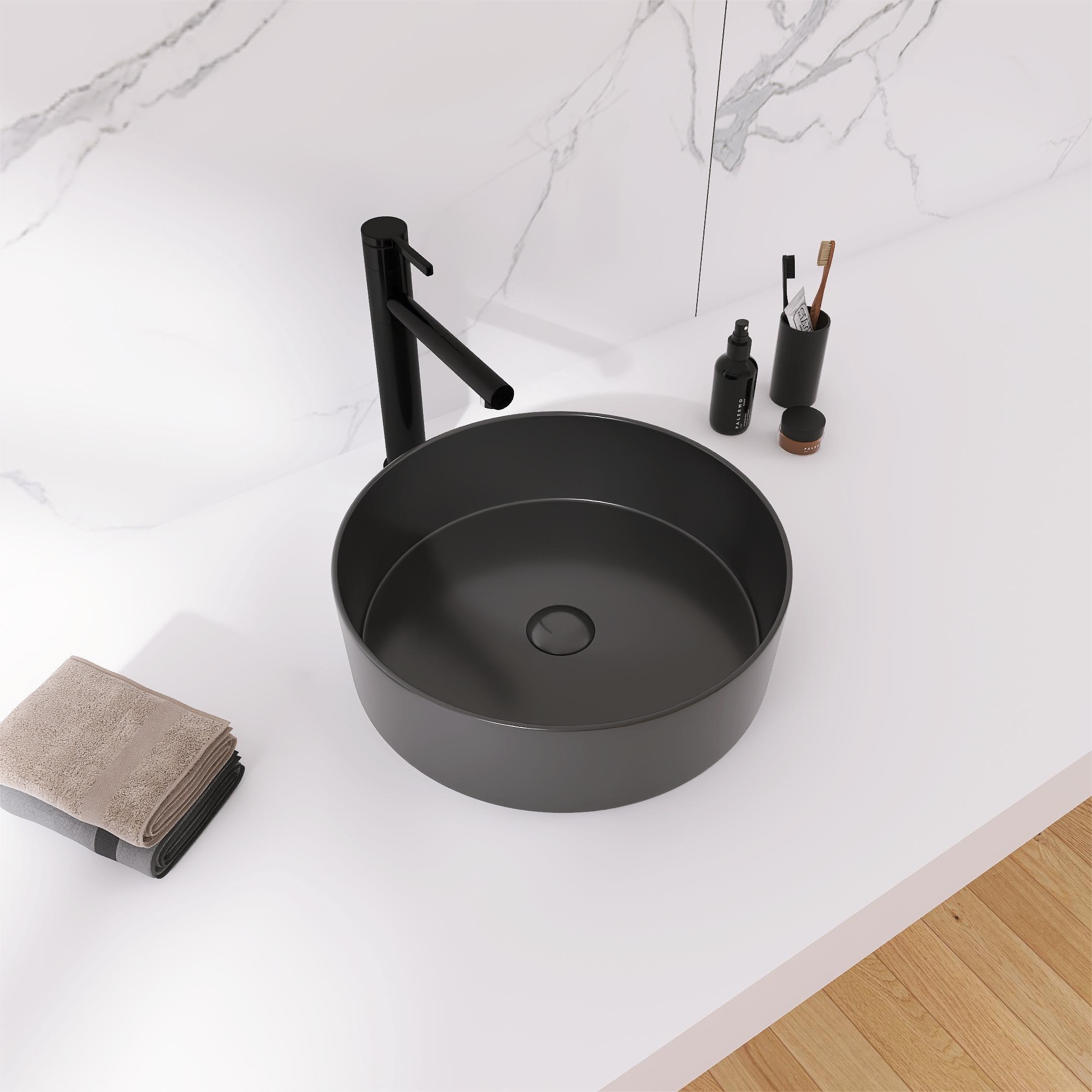 Encimera de tocador de baño con lavabo único de cerámica negra WELLFOR 15.7 pulgadas x 15.7 pulgadas GLEM-104414