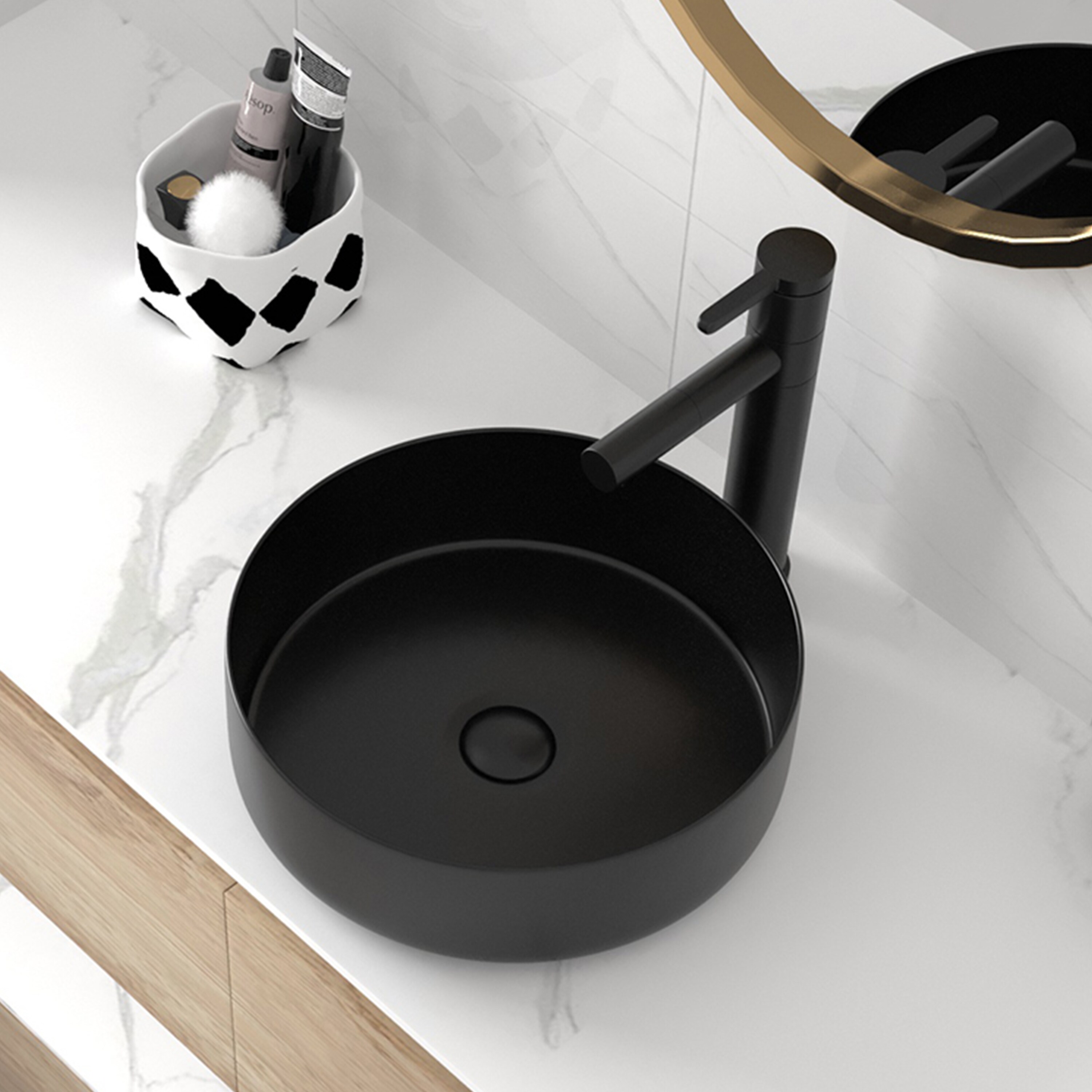 Encimera de tocador de baño con lavabo único de cerámica negra WELLFOR 15.7 pulgadas x 15.7 pulgadas GLEM-104414