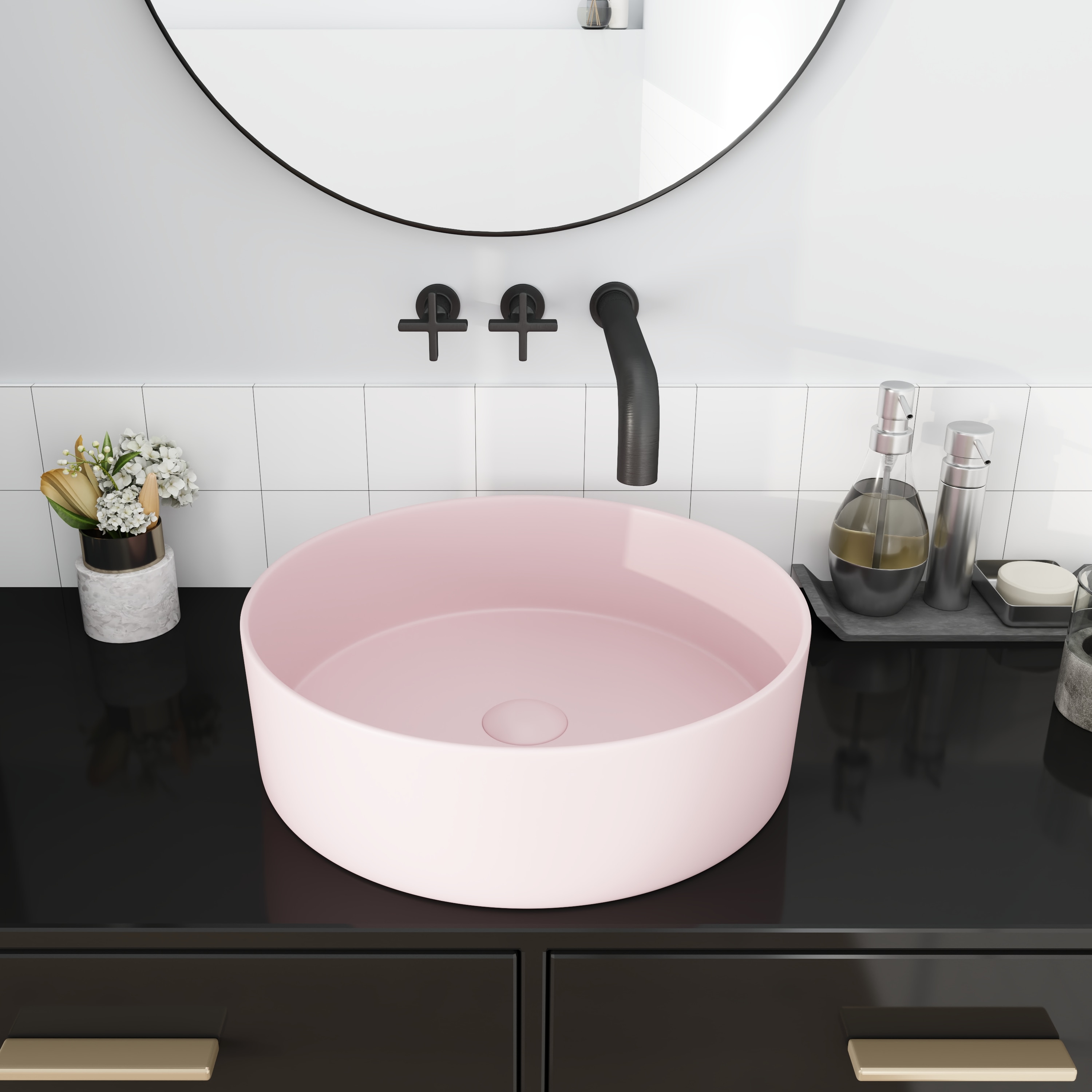 Tapa de tocador de baño de cerámica rosa para lavabo individual, WELLFOR 15.7 pulgadas x 15.7 pulgadas GLEM-77119