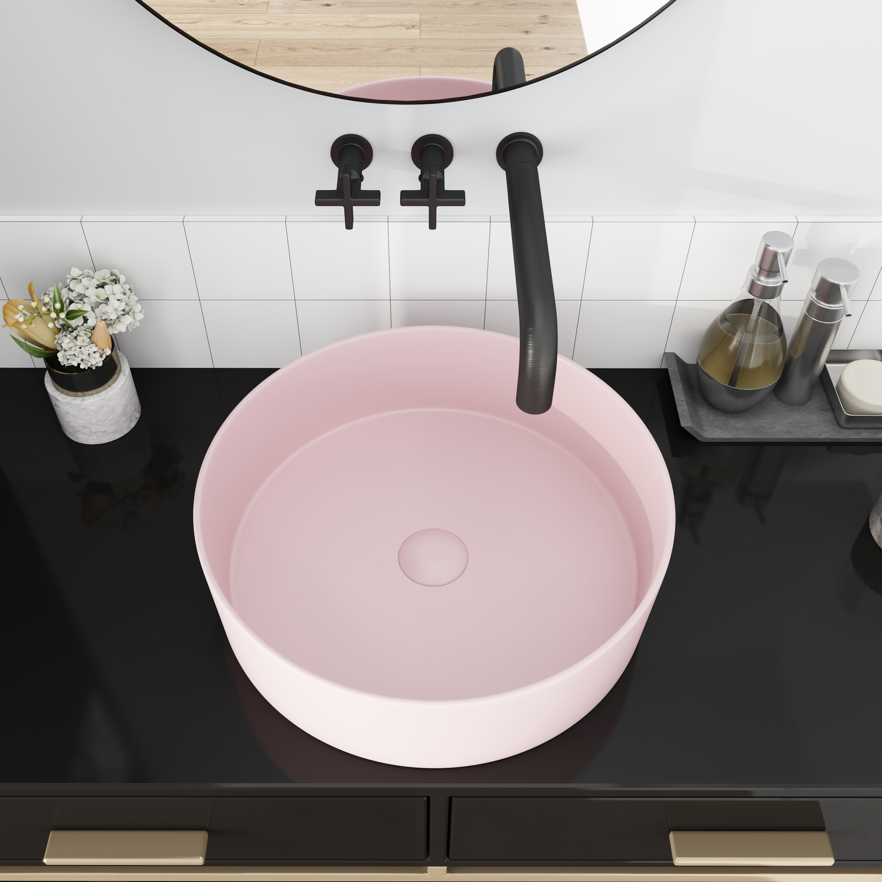 Tapa de tocador de baño de cerámica rosa para lavabo individual, WELLFOR 15.7 pulgadas x 15.7 pulgadas GLEM-77119
