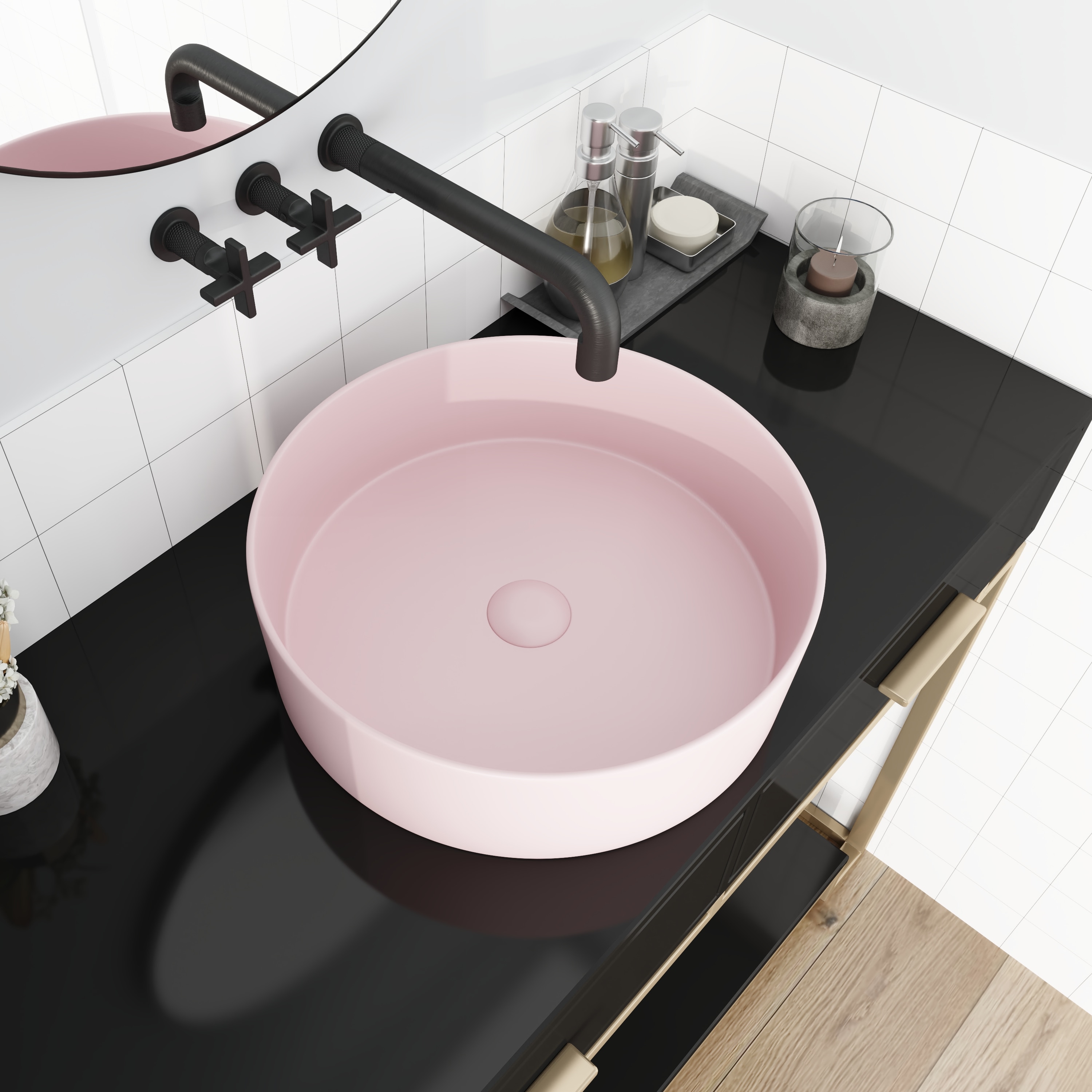 Tapa de tocador de baño de cerámica rosa para lavabo individual, WELLFOR 15.7 pulgadas x 15.7 pulgadas GLEM-77119